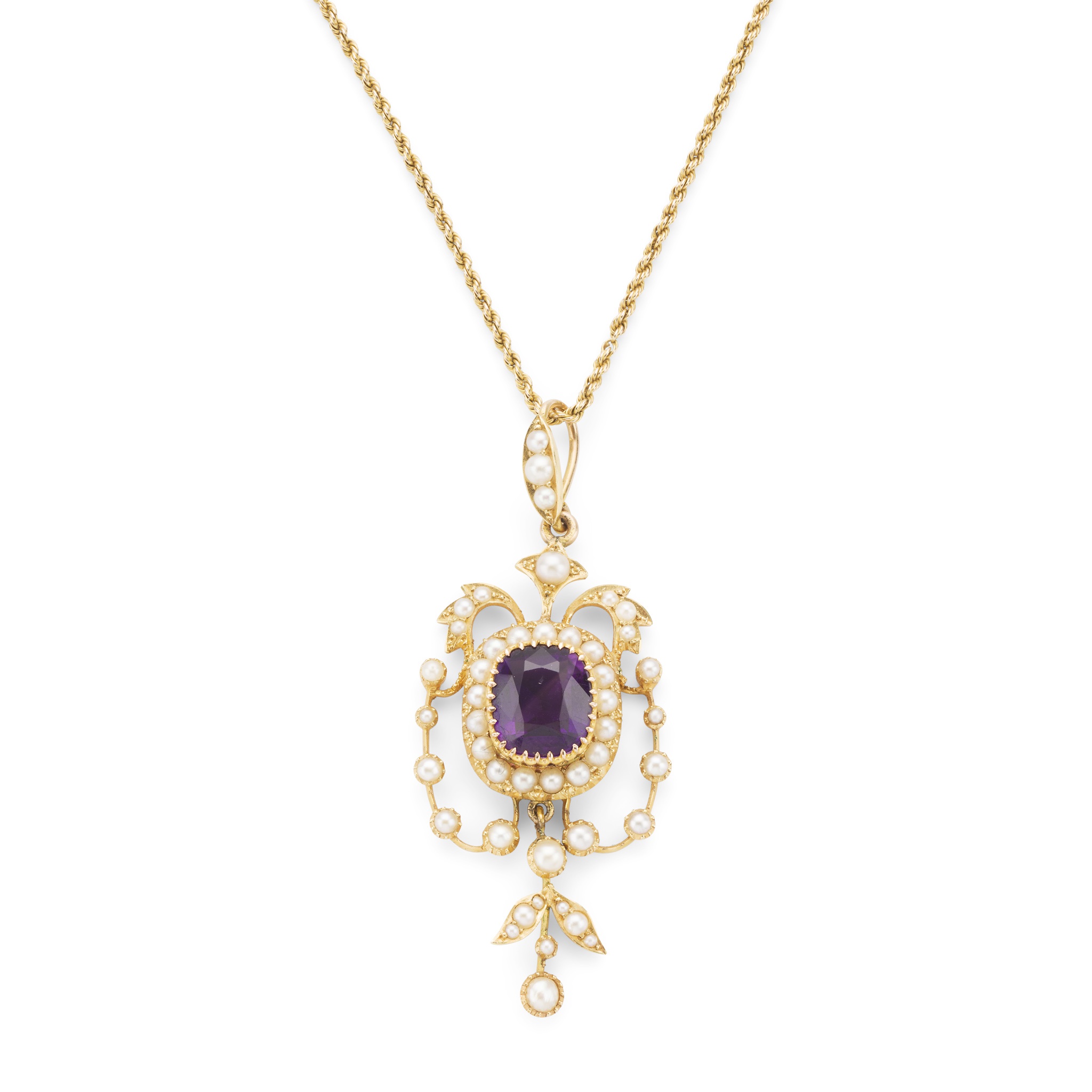 A late Victorian amethyst and seed pearl pendant