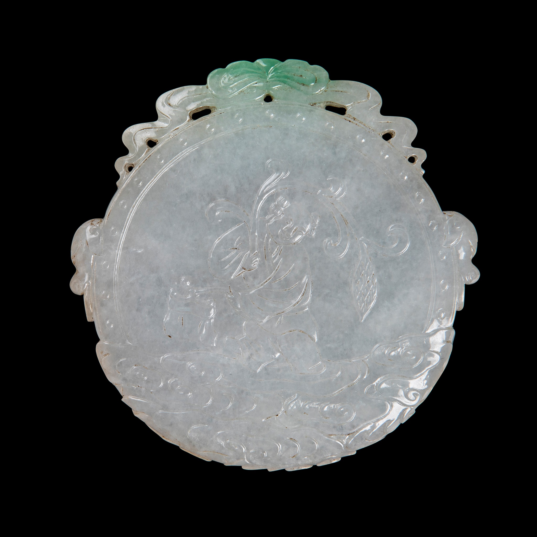 JADEITE 'IMMORTAL ON WAVES' CIRCULAR PLAQUE