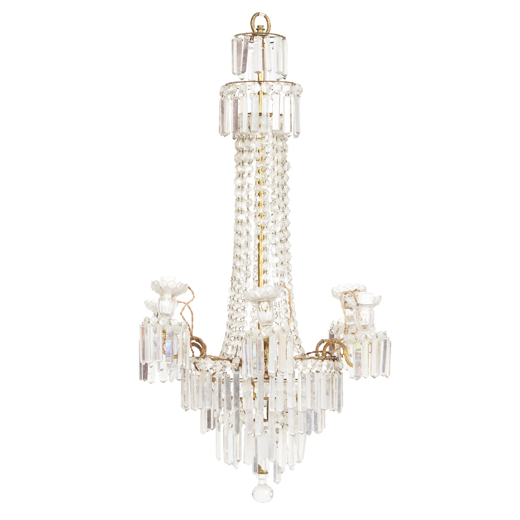OSLER-TYPE GLASS AND GILT METAL SIX LIGHT CHANDELIER