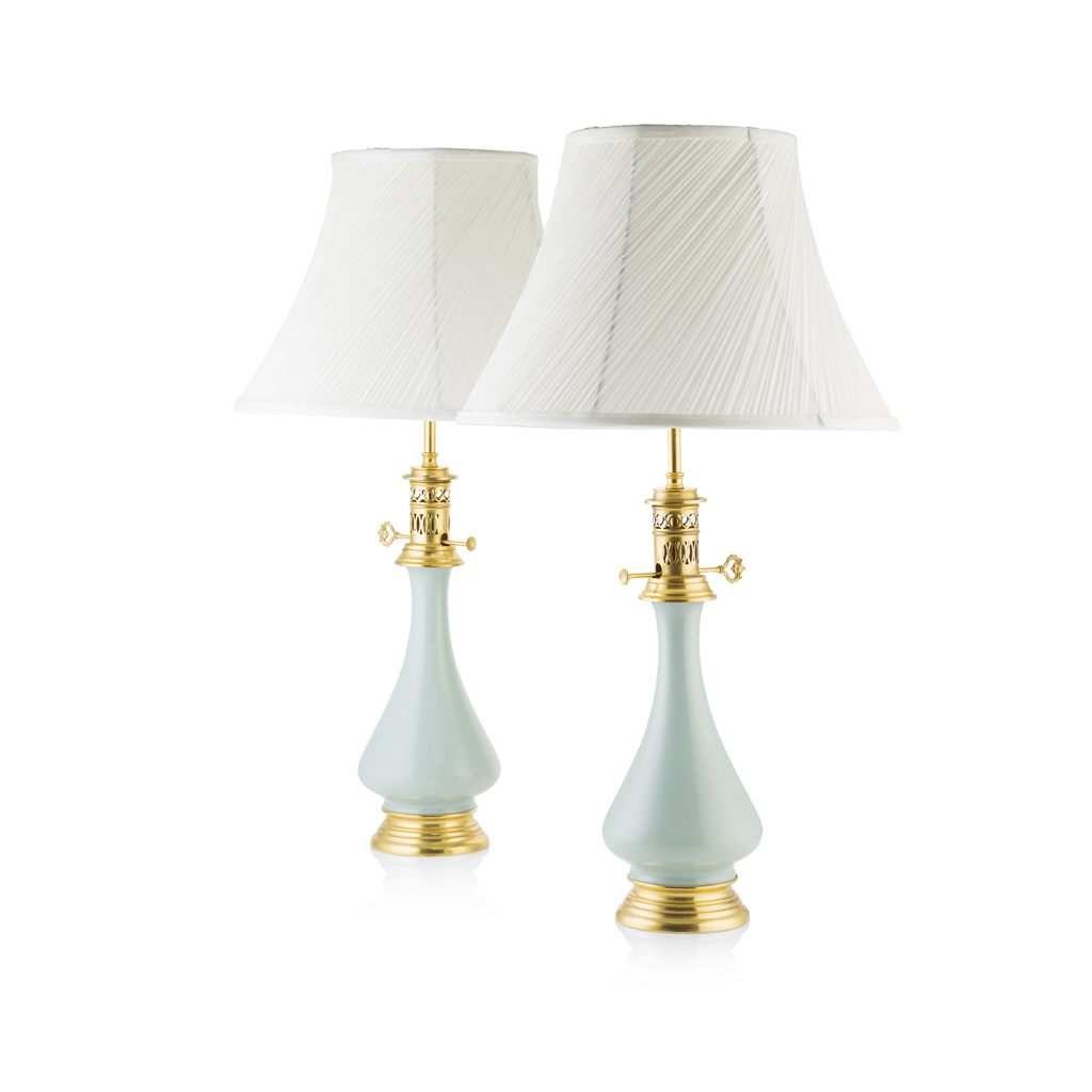 PAIR OF FRENCH OPALINE GLASS MODERATOR LAMPS