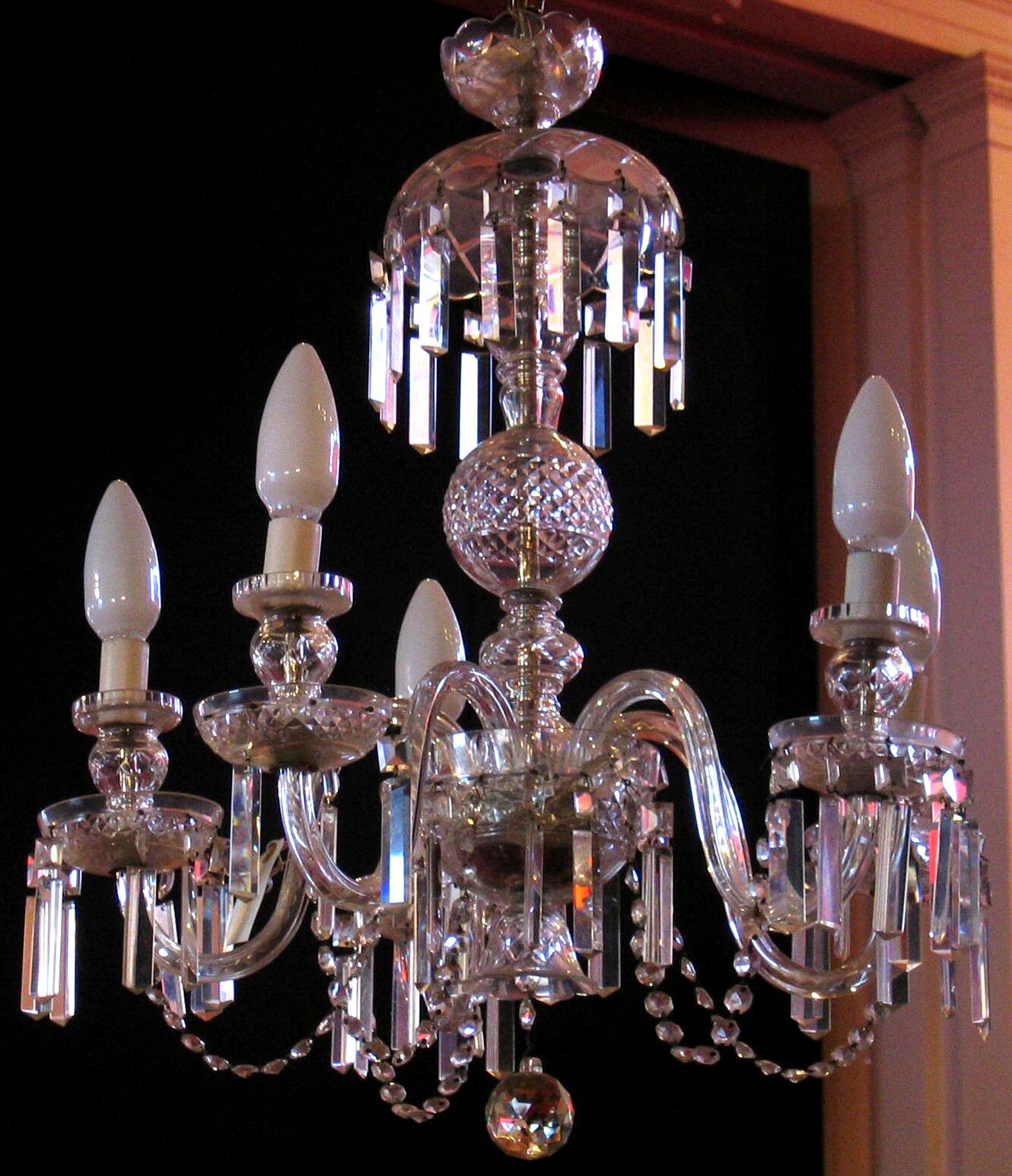 A five branch glass electric chandelier,