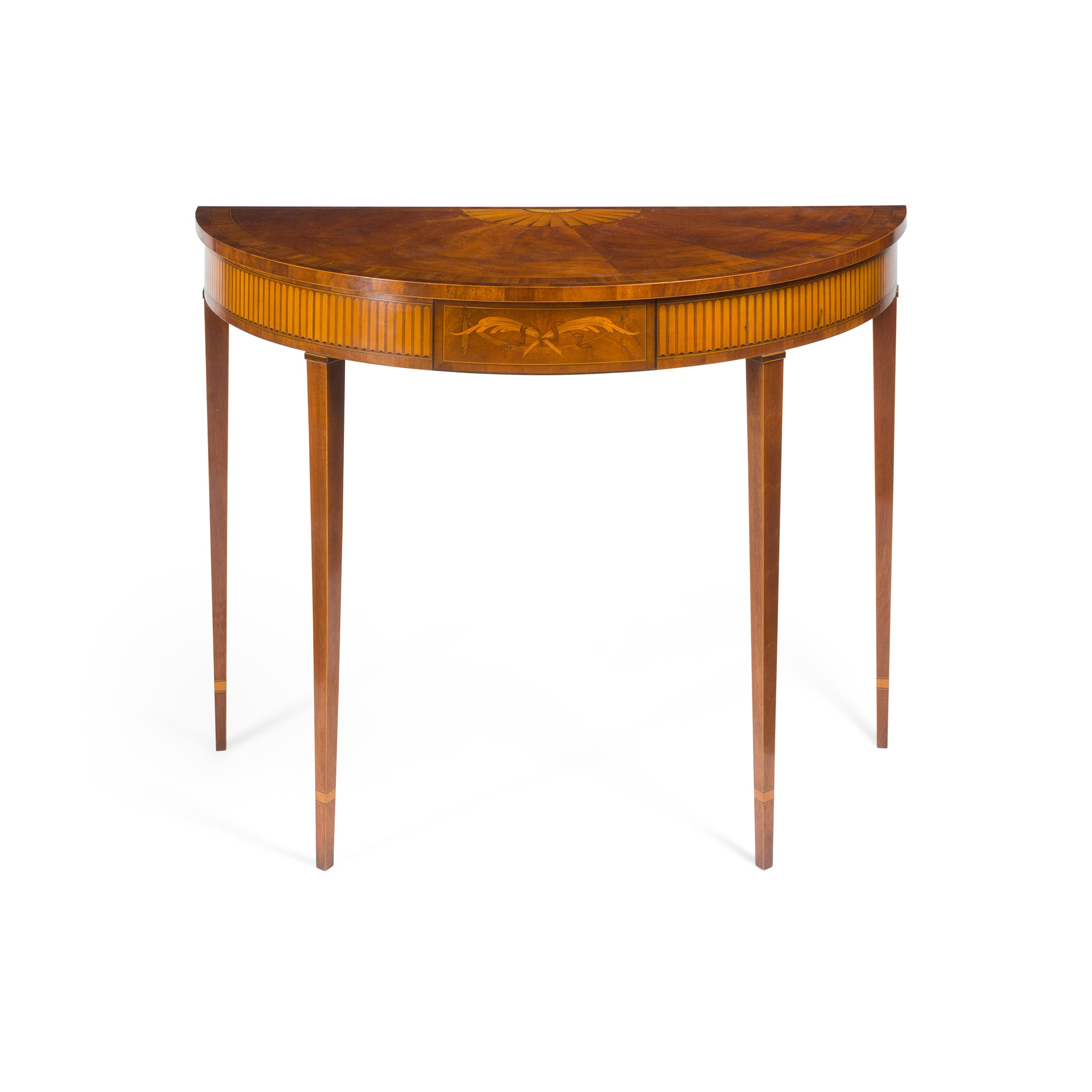 GEORGE III STYLE MAHOGANY AND INLAID DEMI-LUNE TABLE