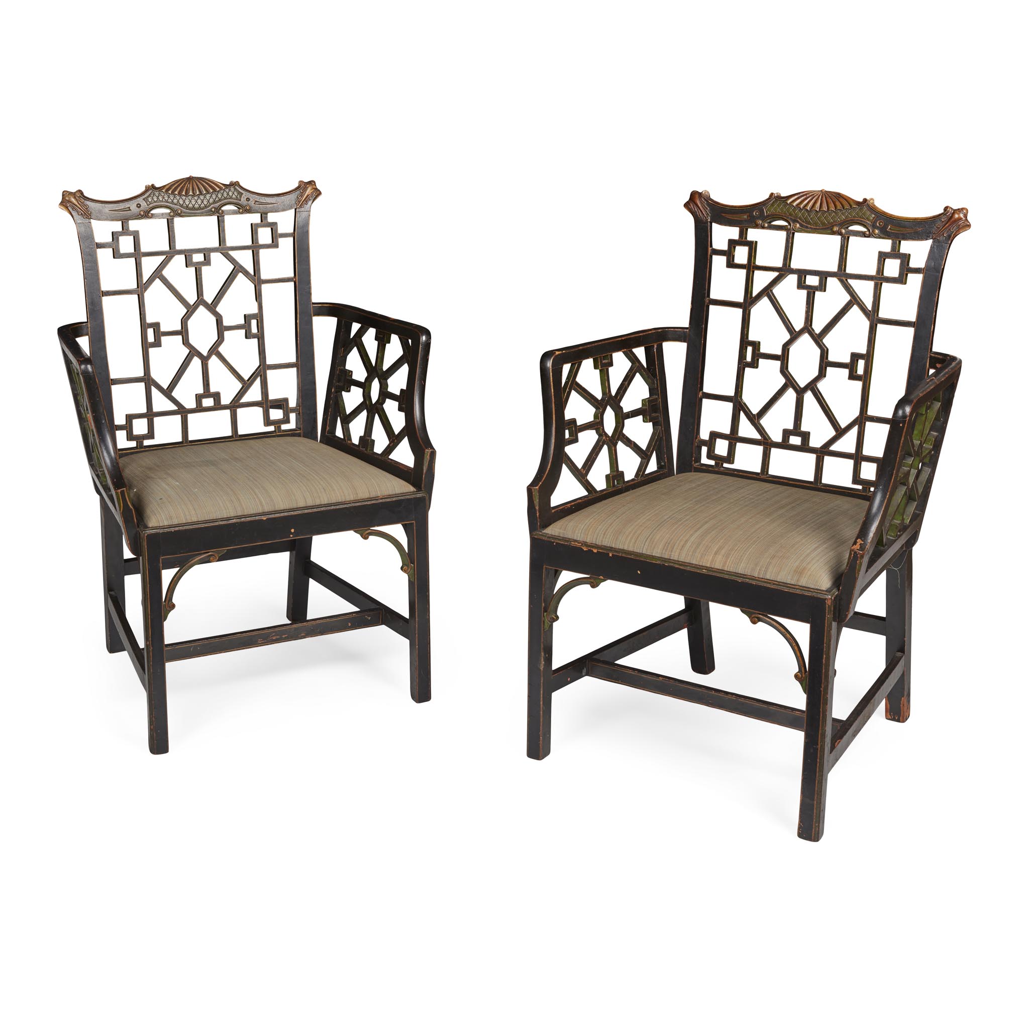 PAIR OF CHINESE CHIPPENDALE STYLE EBONISED AND PARCEL-GILT ARMCHAIRS
