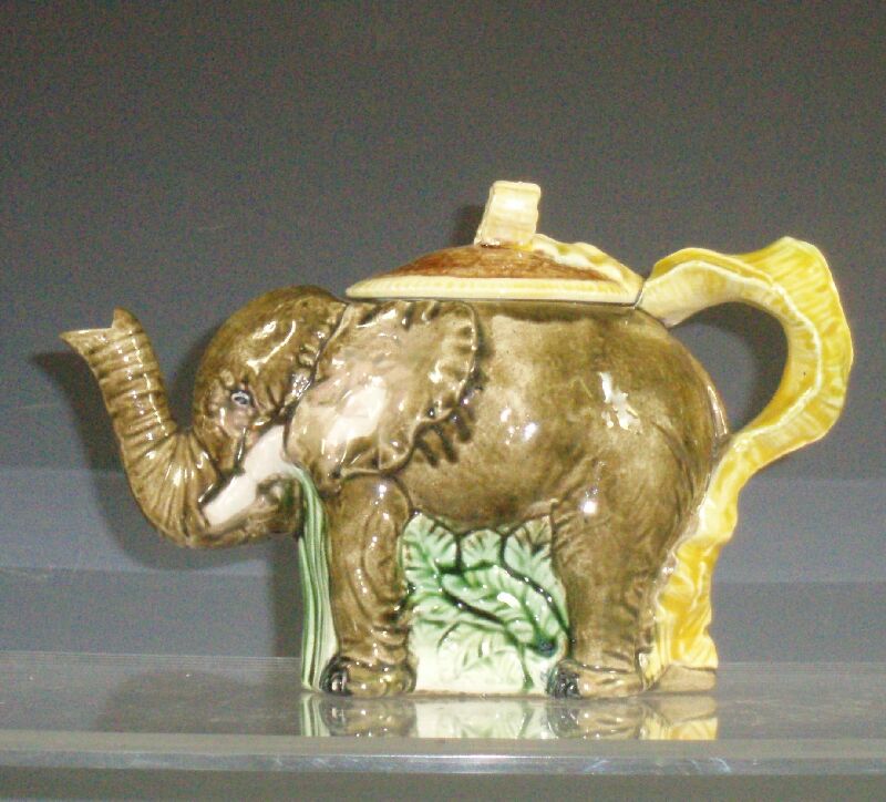 A Minton style majolica elephant teapot