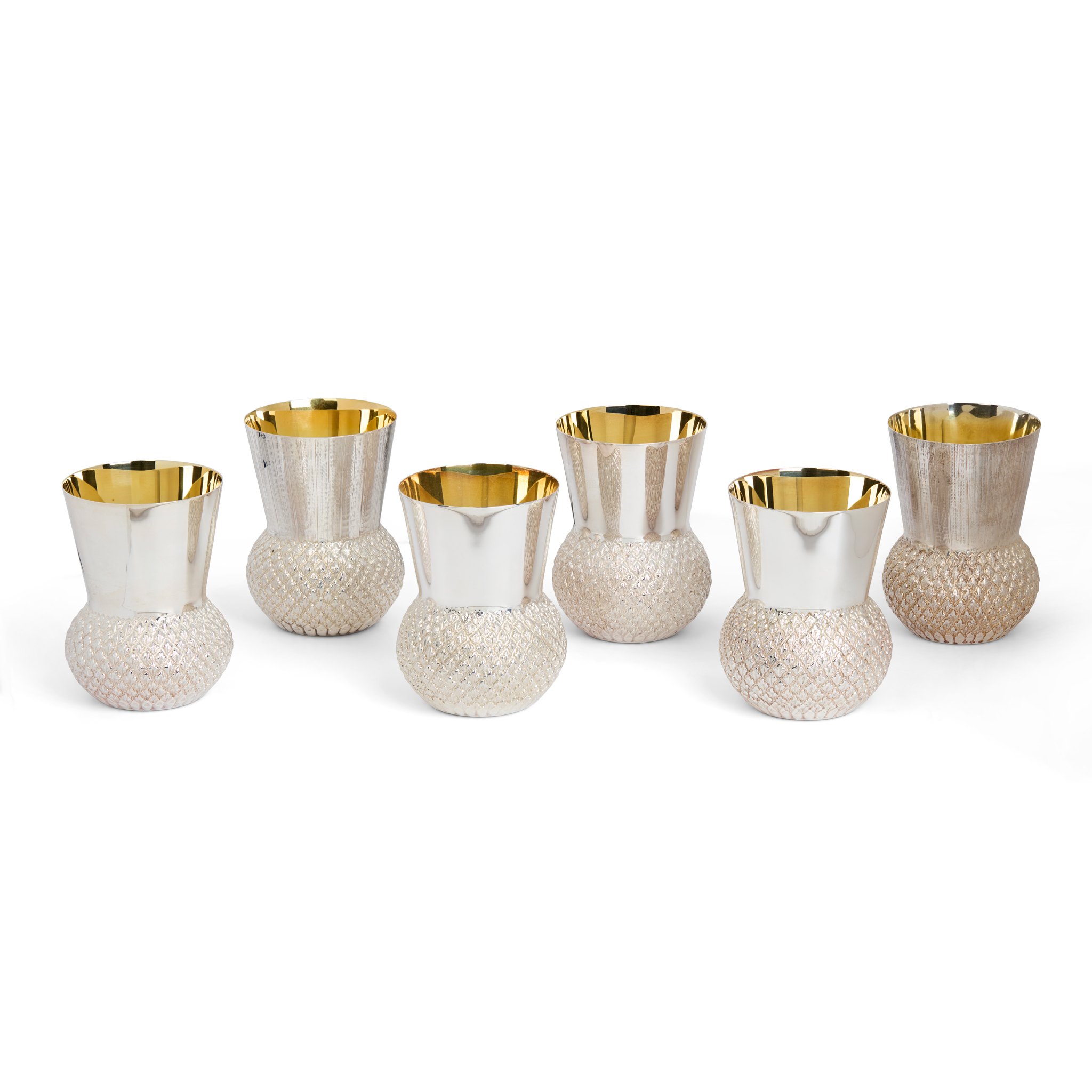 MATCHED SET OF SIX CONTEMPORARY SILVER THISTLE GOBLETS