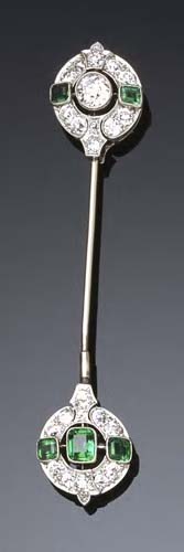 An Art Deco emerald and diamond surete pin,