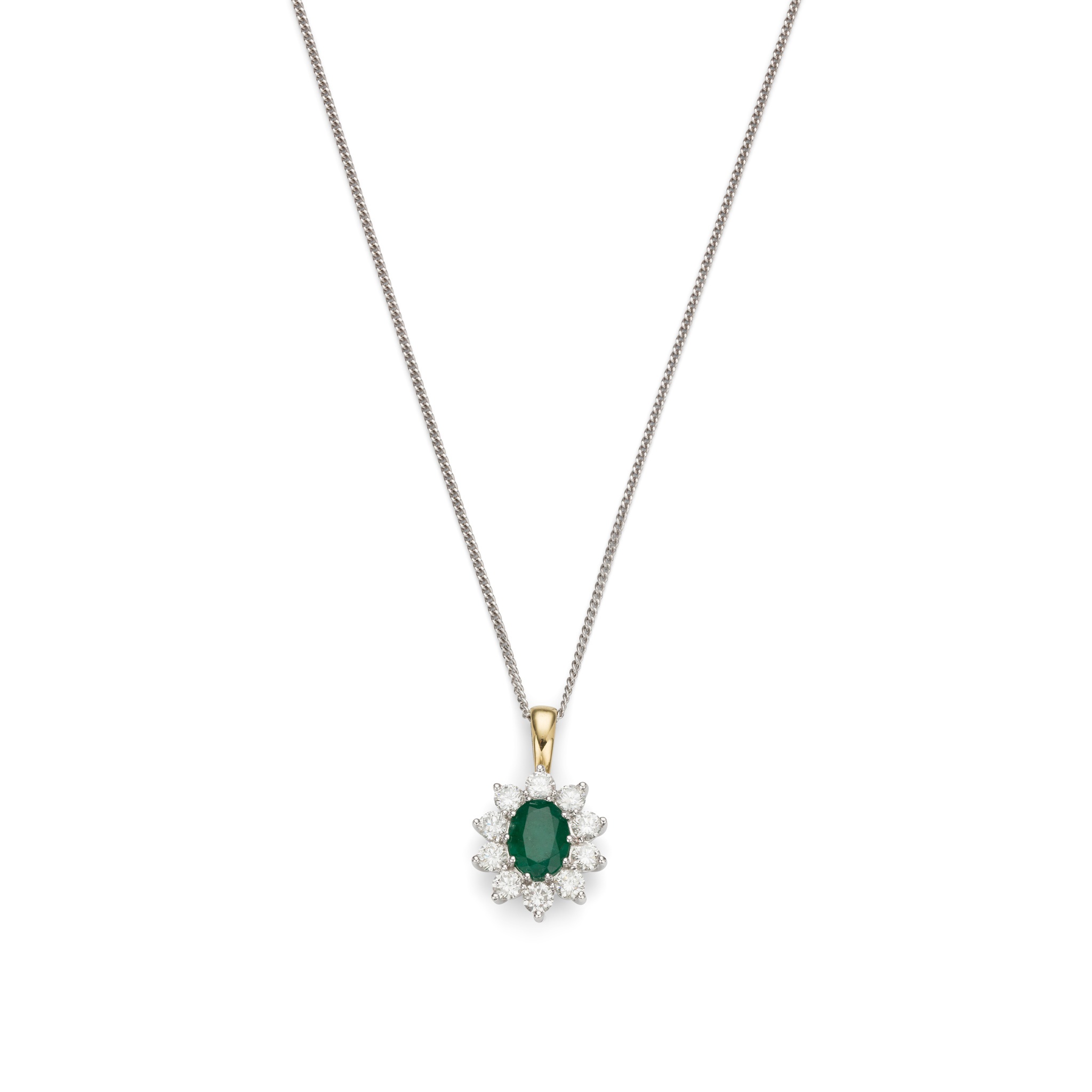 An emerald and diamond cluster pendant