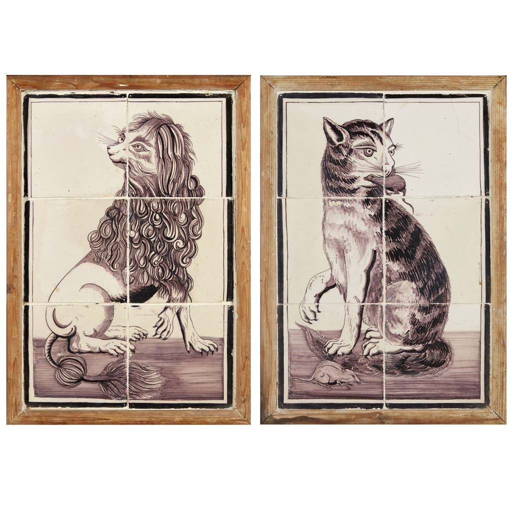 A PAIR OF MANGANESE DUTCH DELFT TILE PANELS