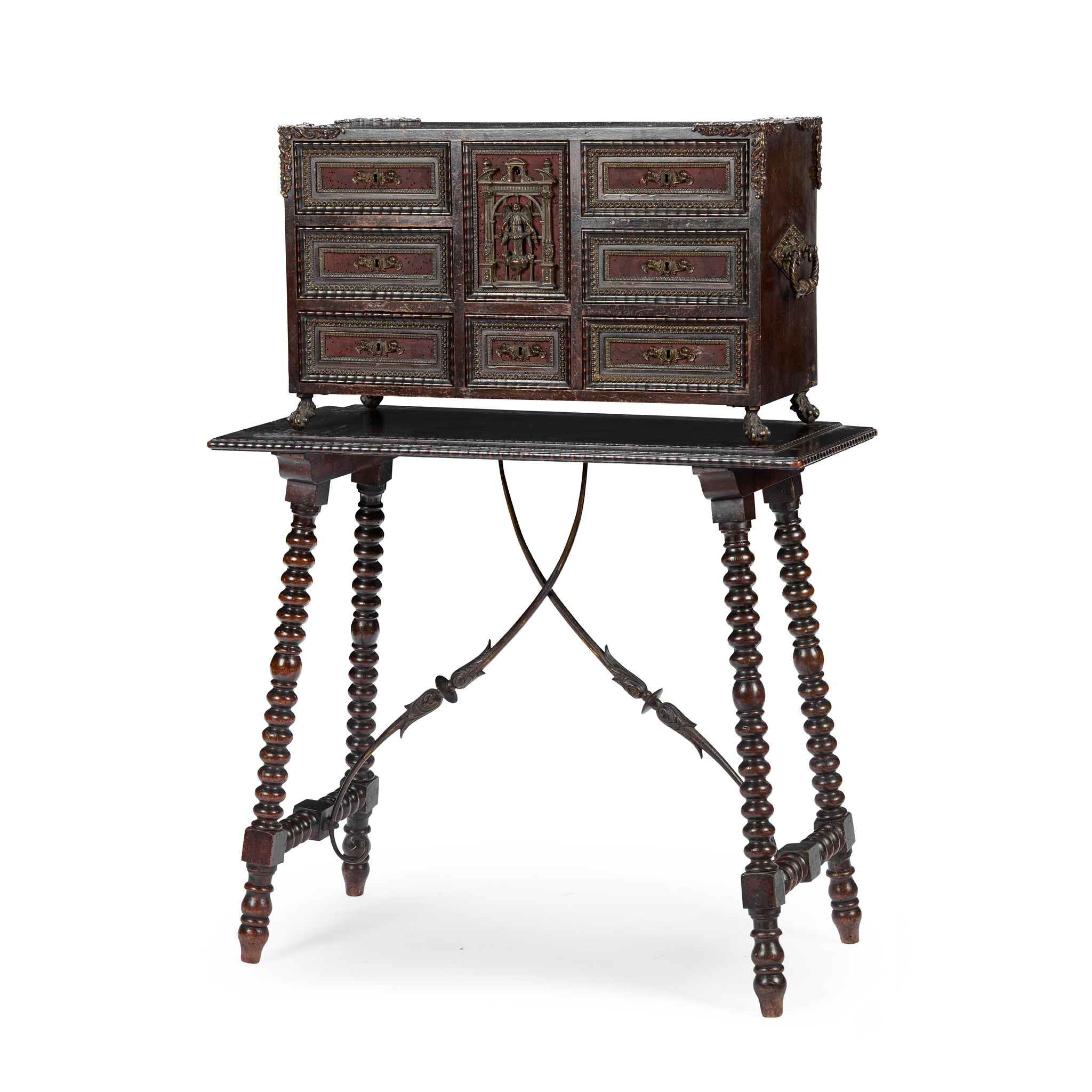 SPANISH BAROQUE STYLE EBONISED AND BRASS MOUNTED CABINET ON STAND