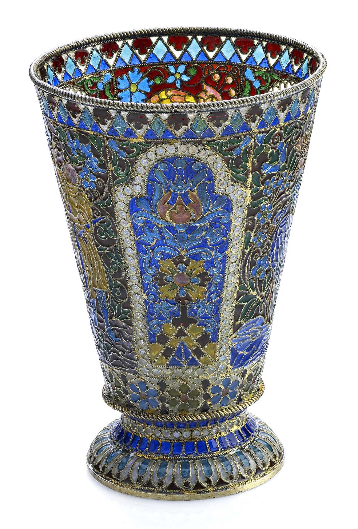 A Russian silver-gilt and plique-à-jour enamel cup