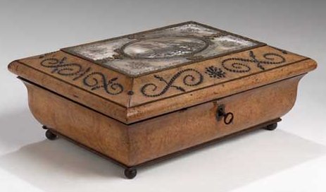 A Regency burr walnut and mother of pearl inlaid sewing box