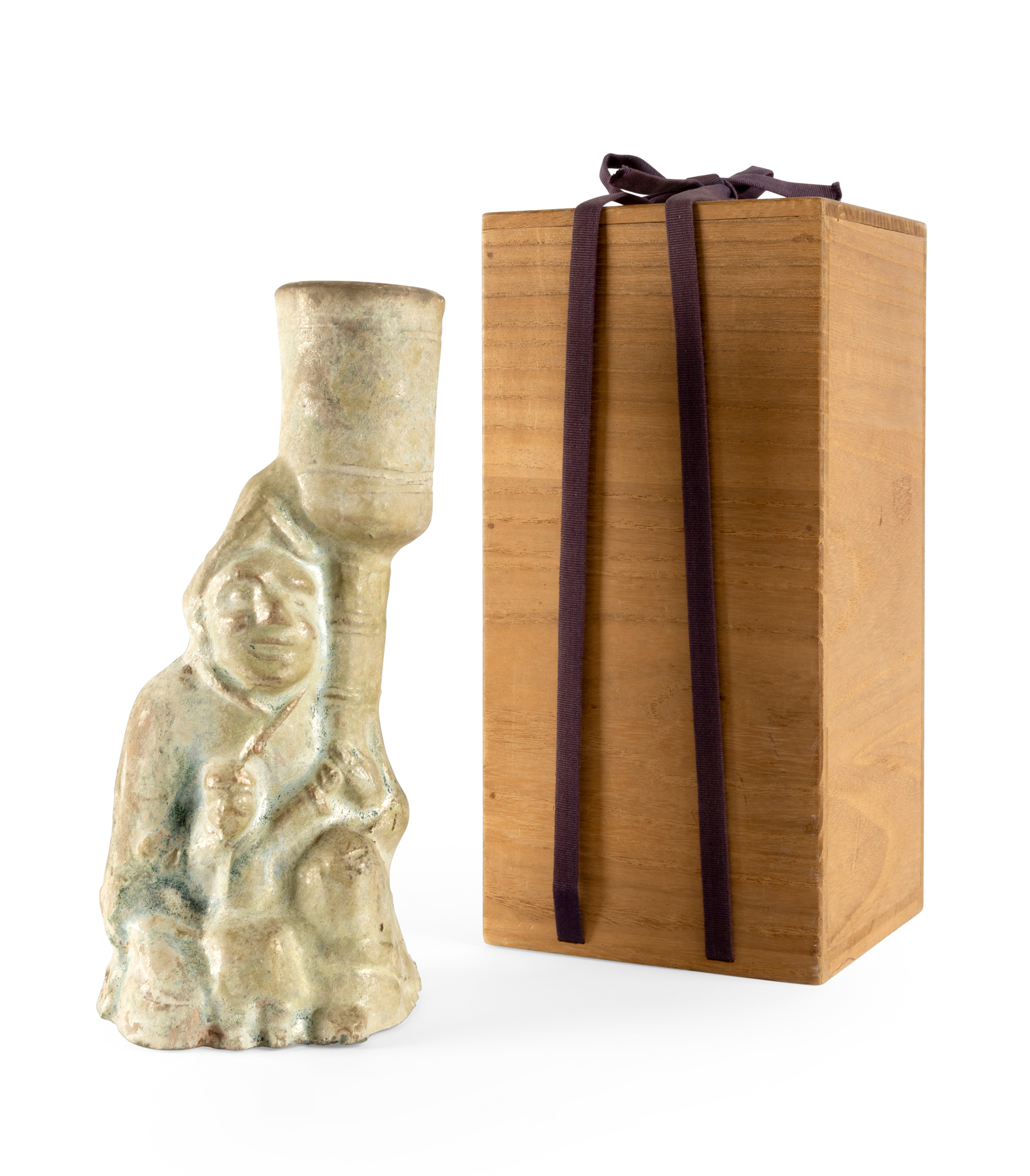 CHINESE GREEN-GLAZED 'MOTHER AND CHILD' POTTERY OIL LAMP