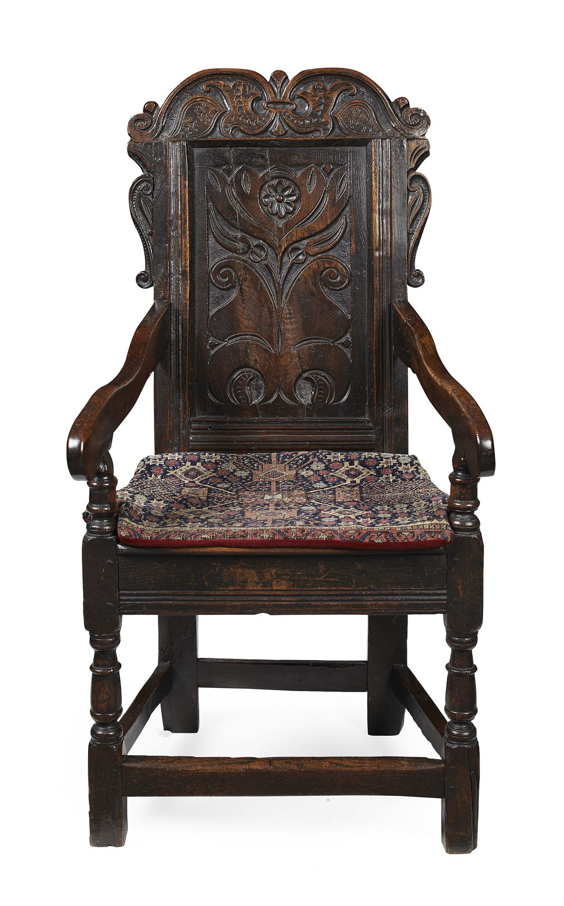 CHARLES II CARVED OAK PANEL ARMCHAIR