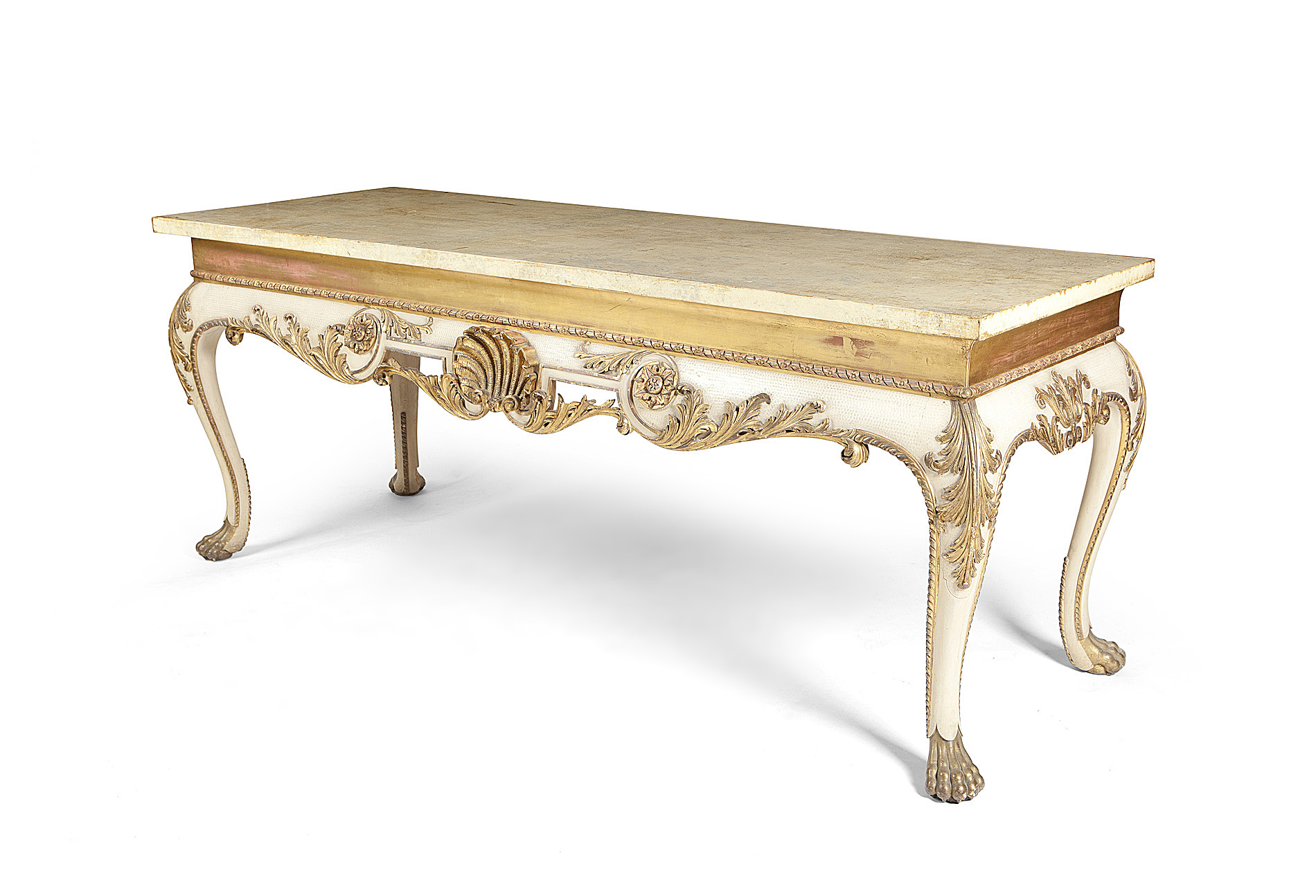 EARLY 18TH CENTURY STYLE CREAM-PAINTED AND PARCEL-GILT PIER TABLE