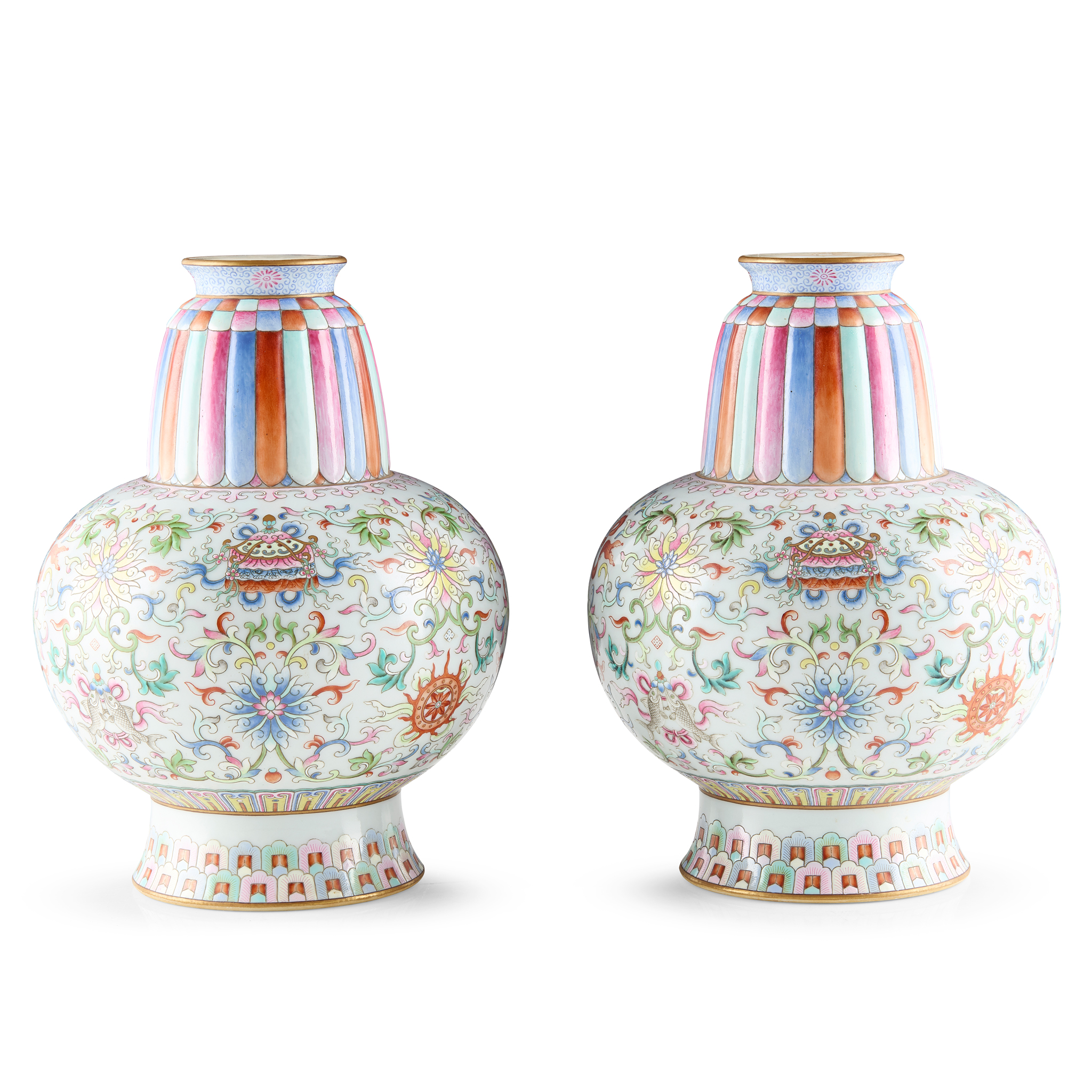 PAIR OF CHINESE FAMILLE ROSE TIBETAN STYLE VASES, PENBA HU