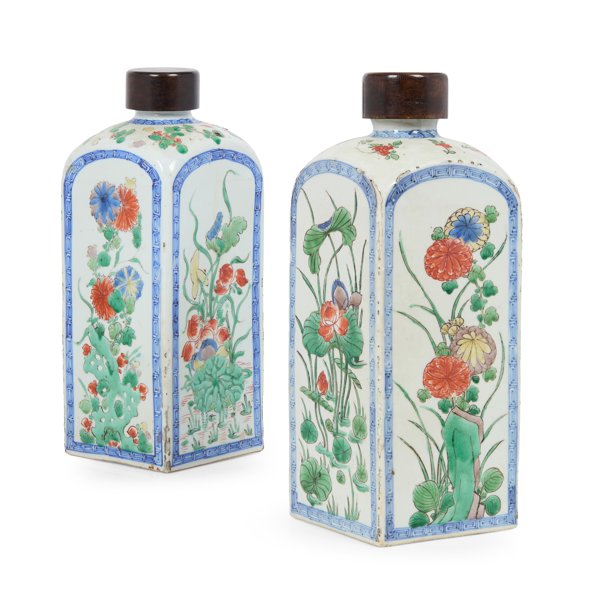 PAIR OF CHINESE FAMILLE VERTE SQUARE-SECTION BOTTLES