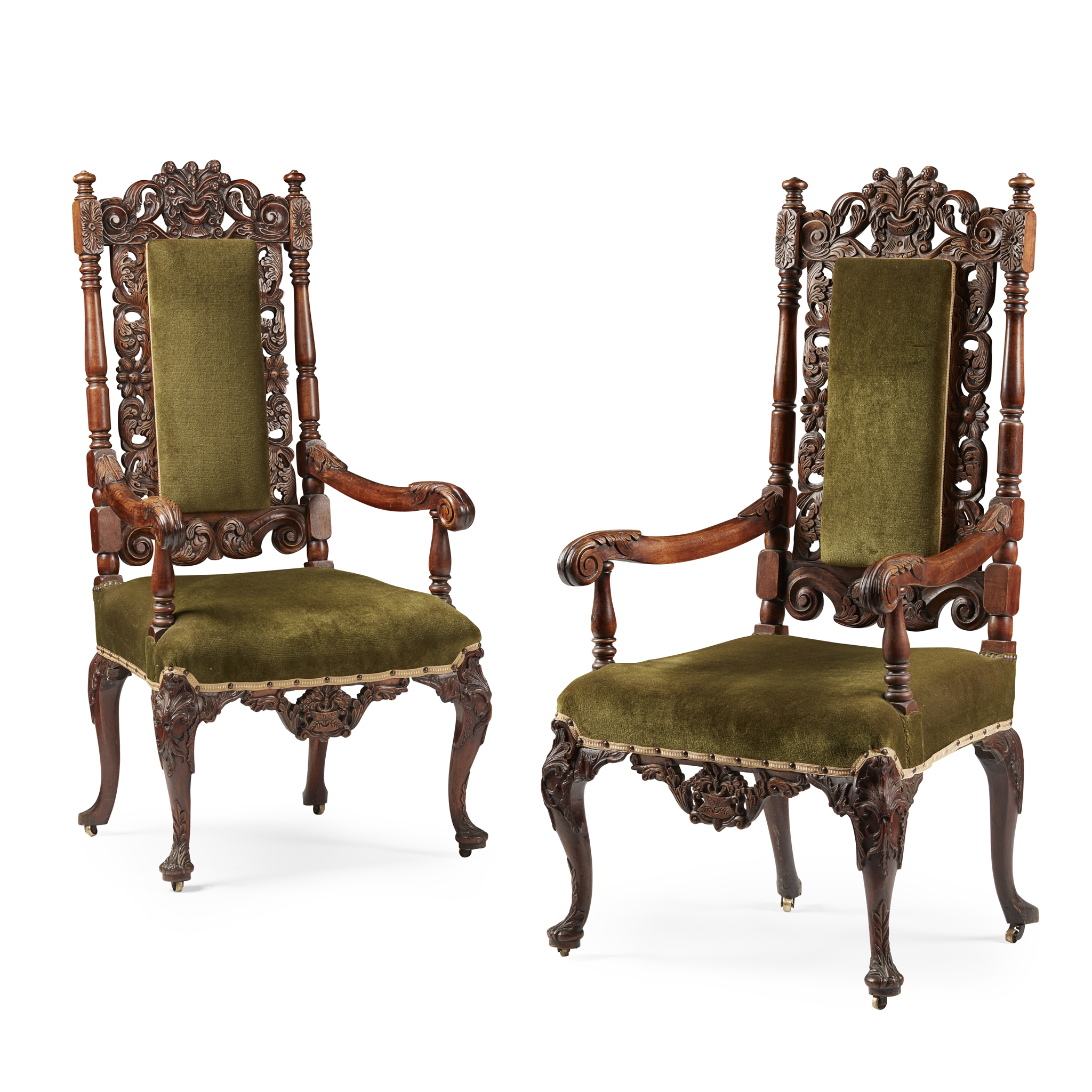 PAIR OF FLEMISH CARVED WALNUT ARMCHAIRS