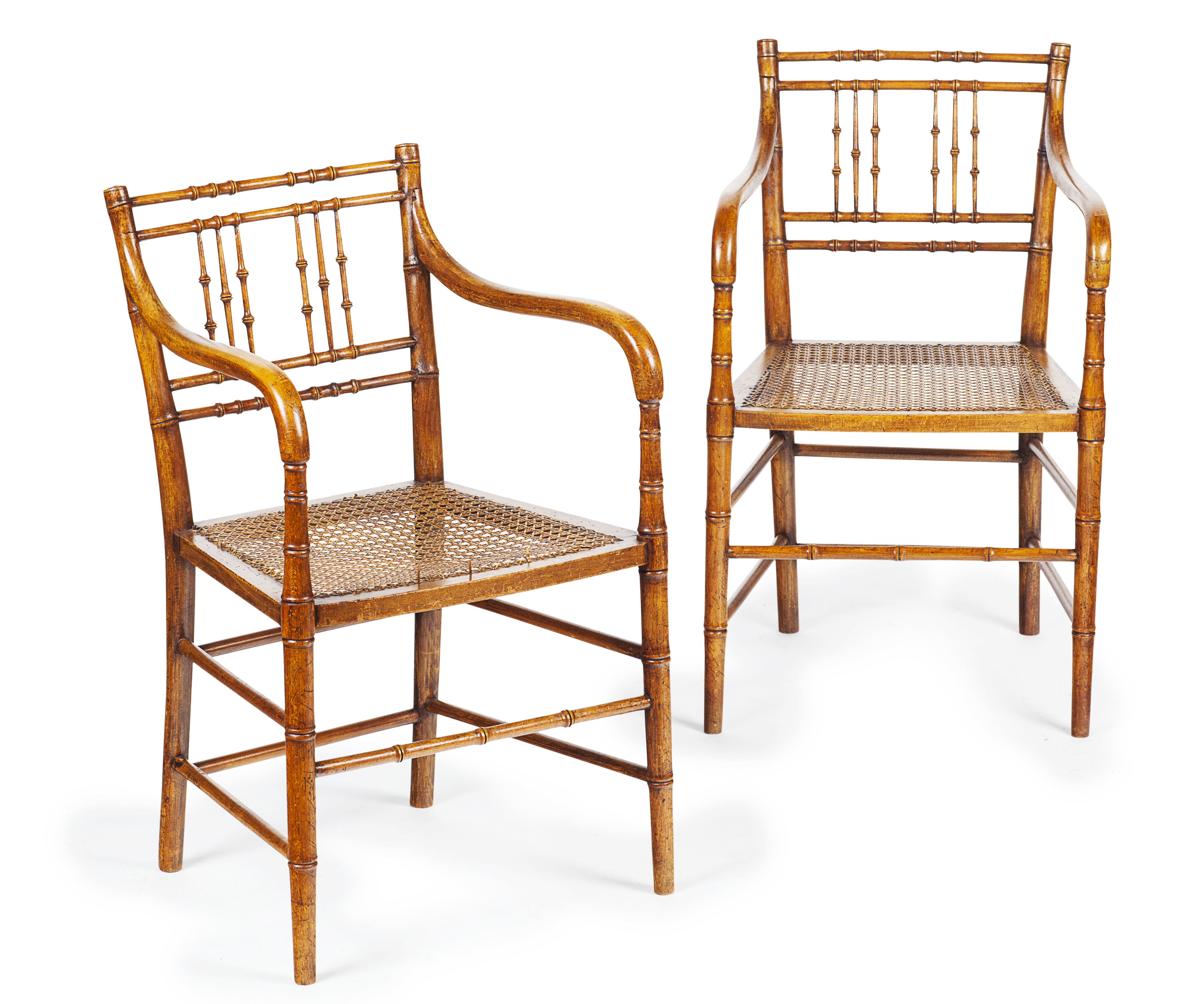 PAIR OF REGENCY FAUX BAMBOO CANED ARMCHAIRS