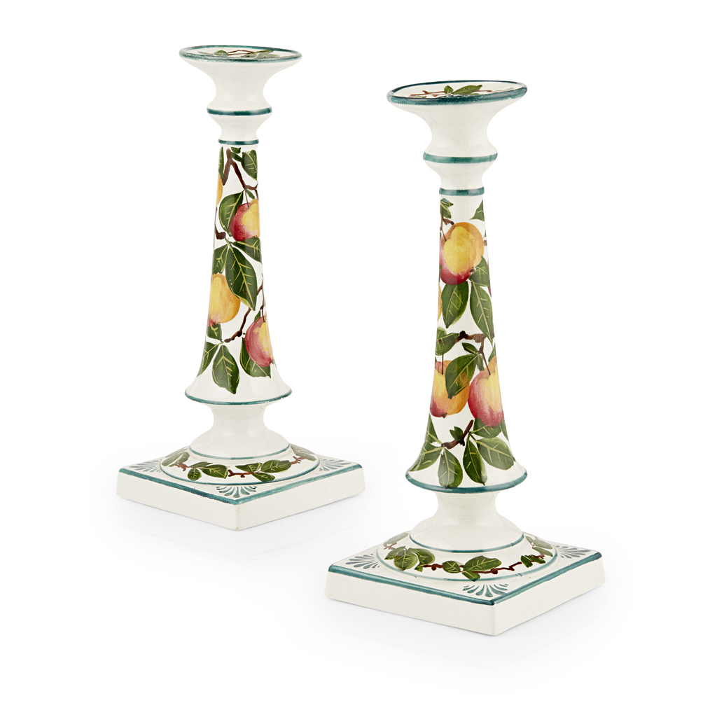 A PAIR OF WEMYSS WARE TALL CANDLESTICKS
