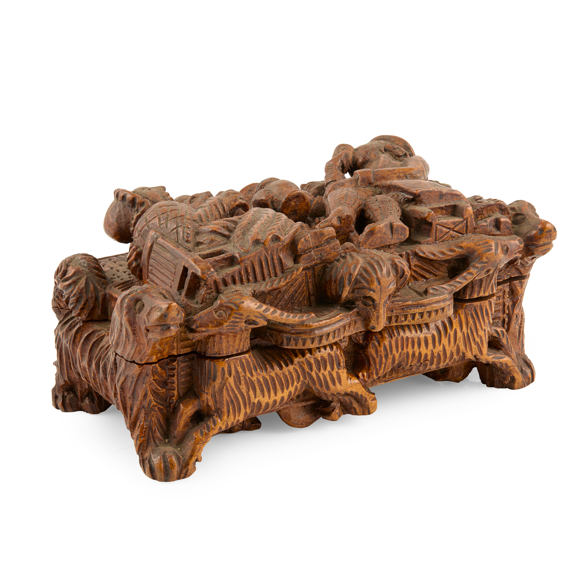 A SCOTTISH CARVED WOOD 'BLIND MAN' SNUFF BOX