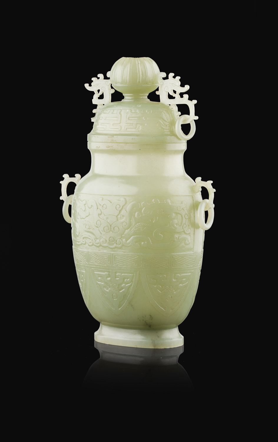 CELADON JADE ARCHAIC STYLE VASE AND COVER