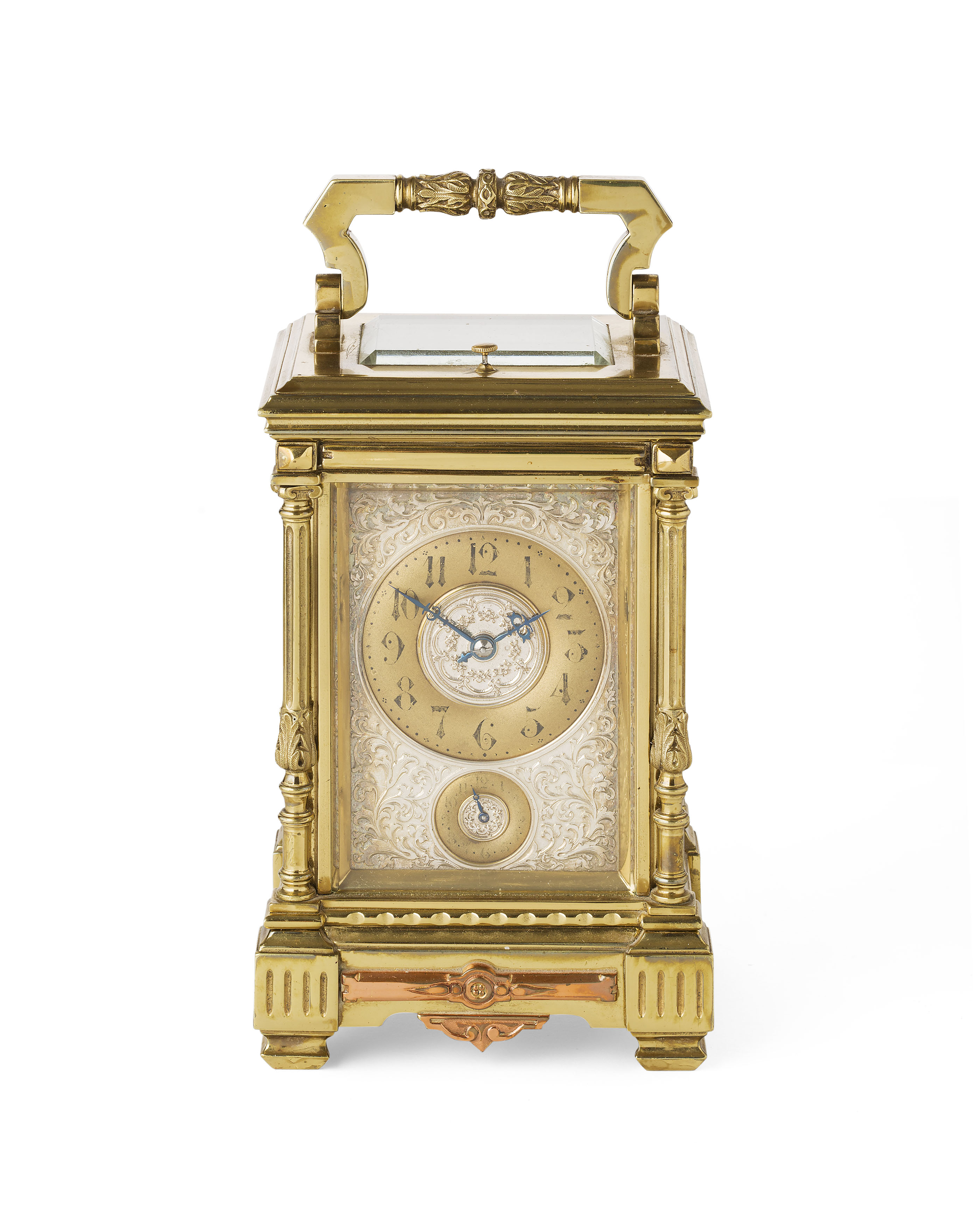 FRENCH GILT BRASS AND COPPER GRANDE SONNERIE CARRIAGE CLOCK