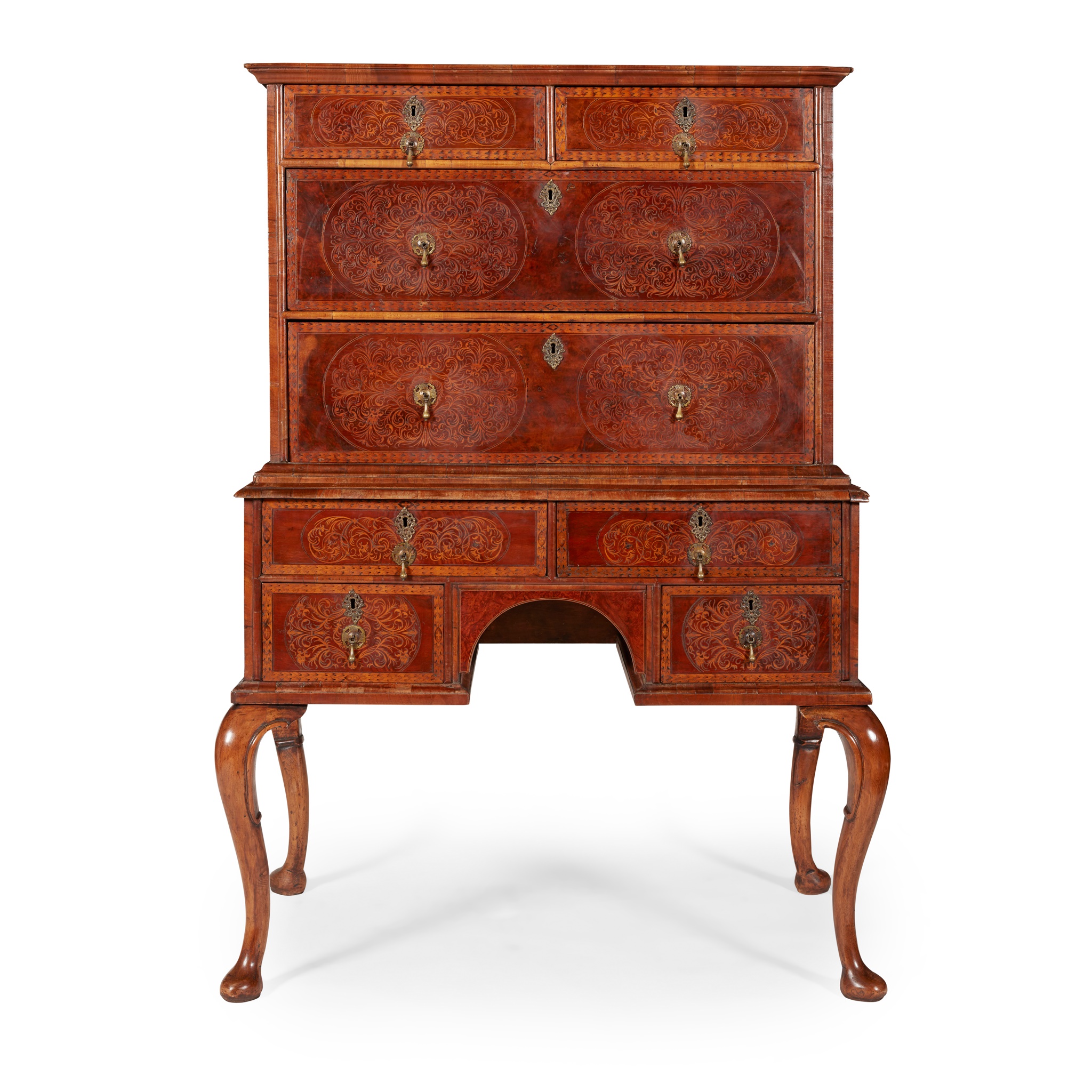 QUEEN ANNE WALNUT SEAWEED MARQUETRY CHEST-ON-STAND