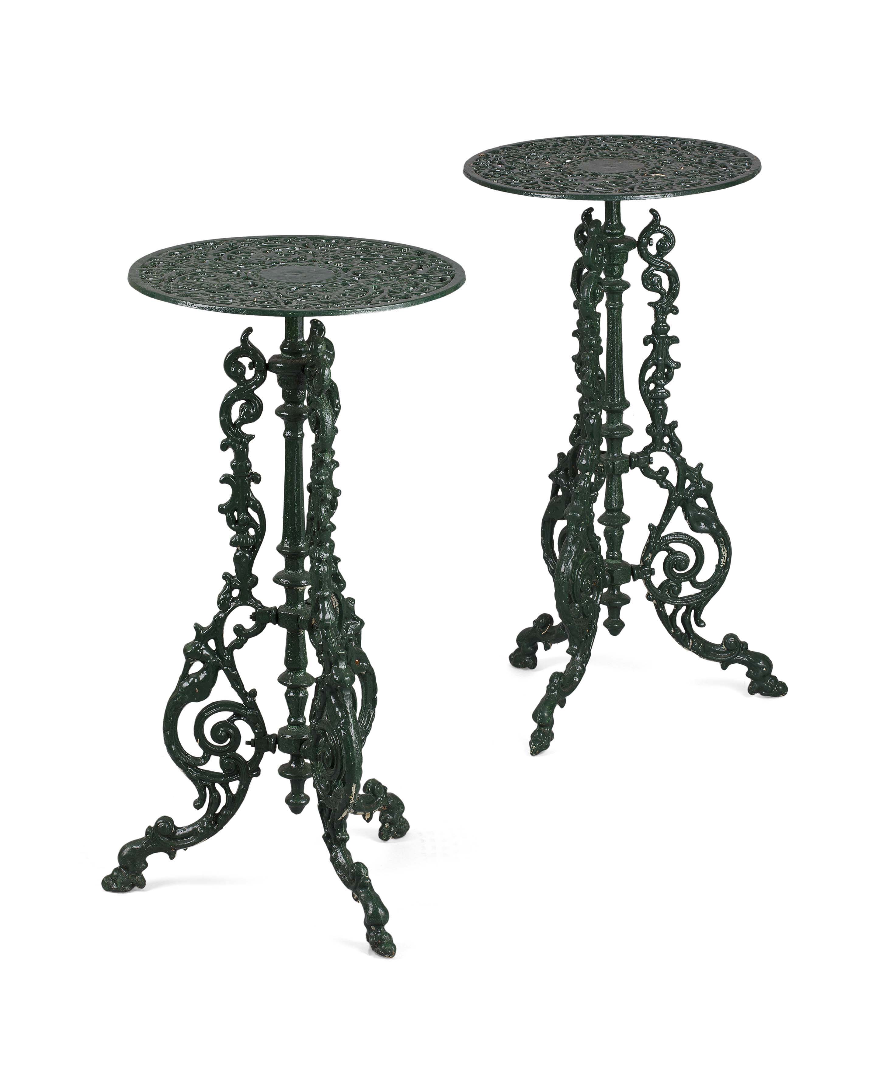 PAIR OF PAINTED CAST IRON GARDEN TABLES