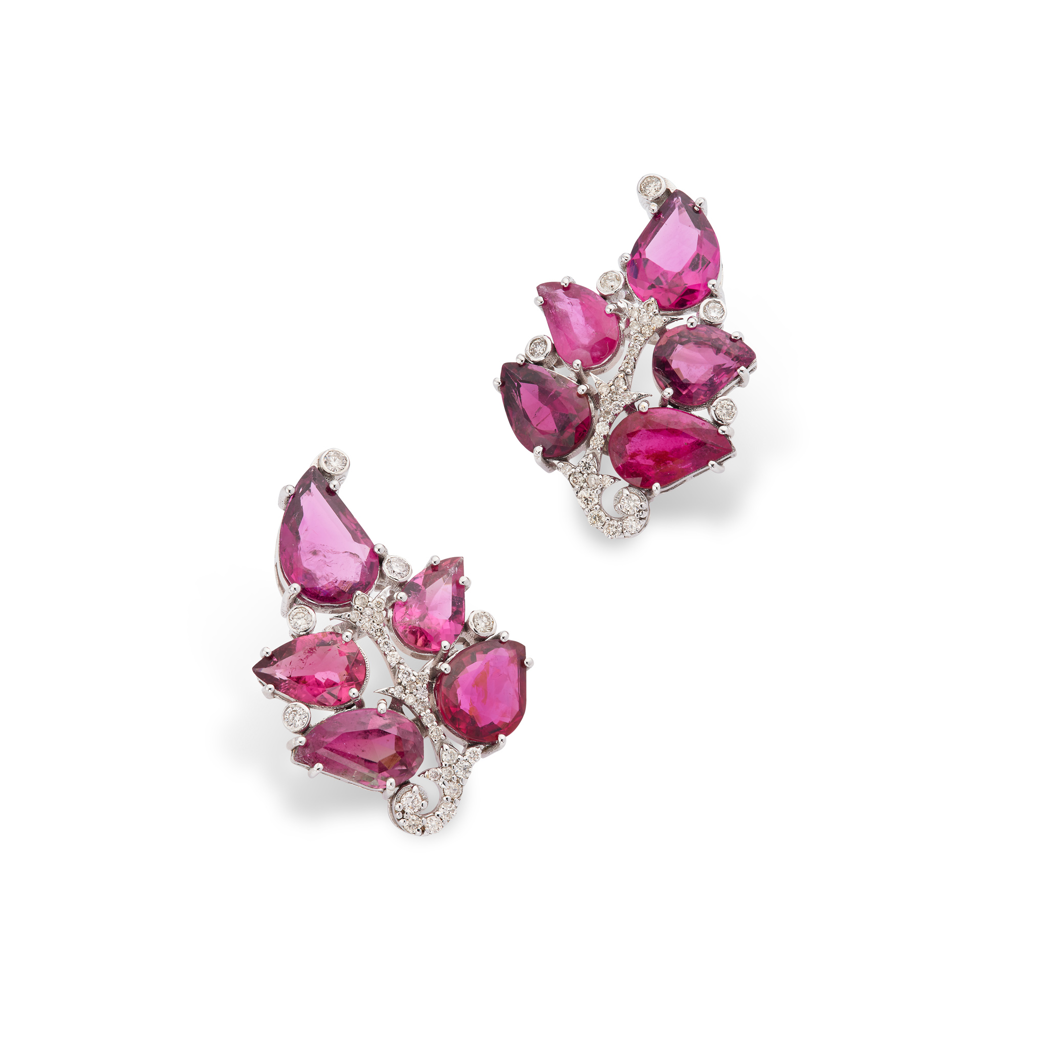 A pair of pink tourmaline and diamond leaf earrings