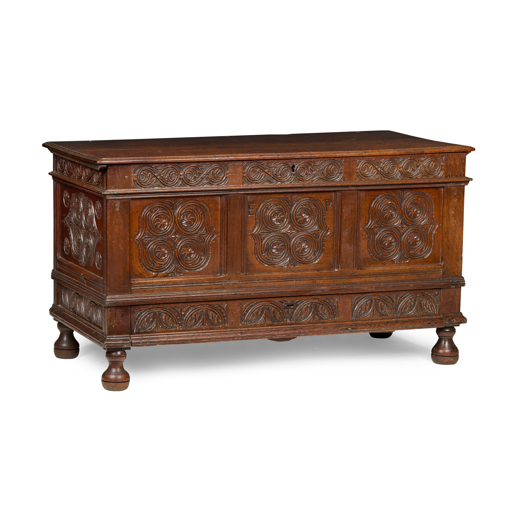 WILLIAM AND MARY CARVED OAK MULE CHEST