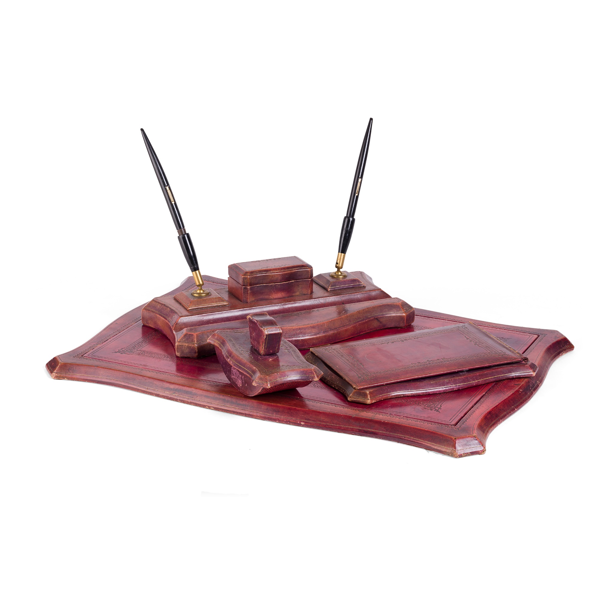 GROUP OF RED LEATHER DESK ACCESSORIES, BY ASPREY, LONDON