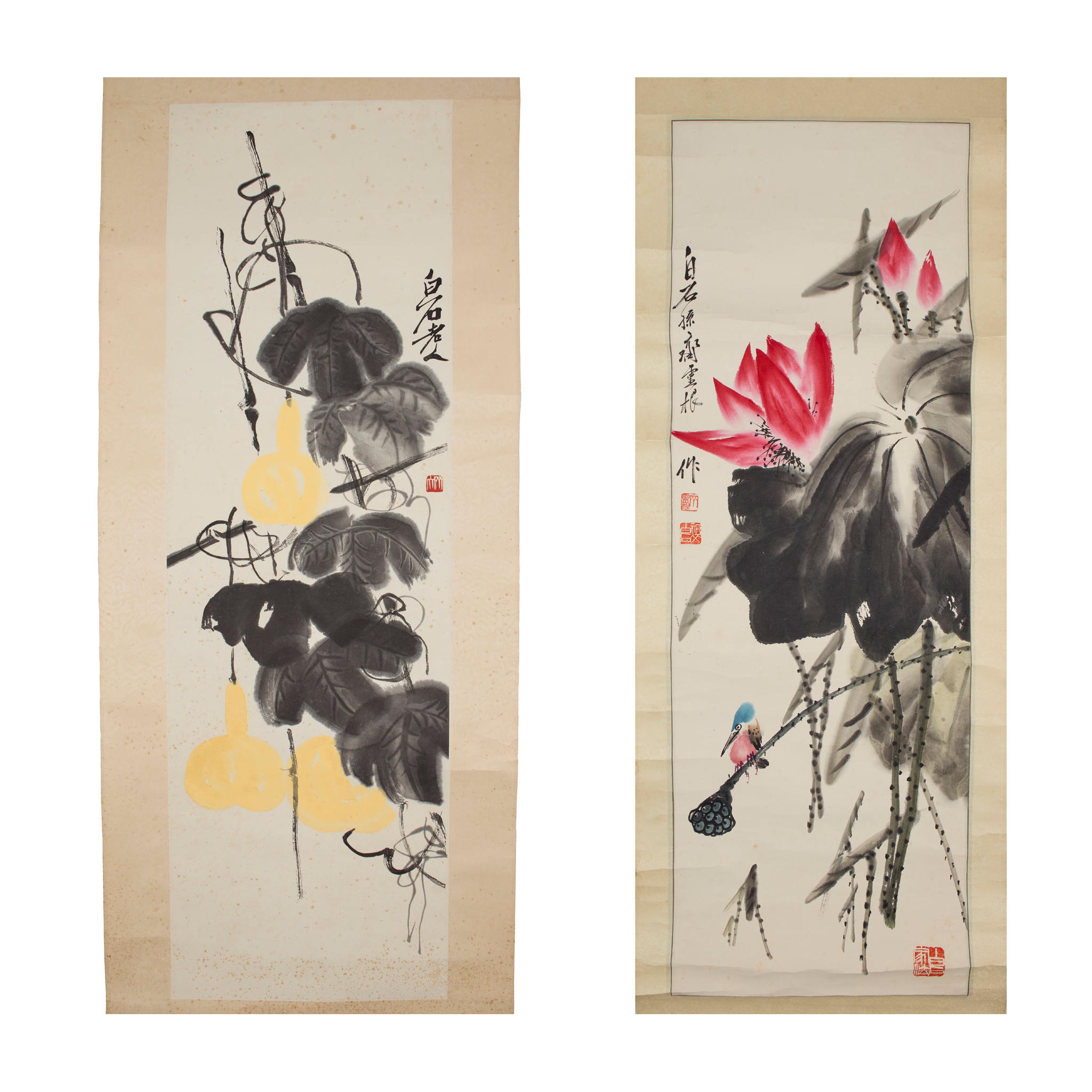 ONE CHINESE 'DOUBLE-GOURD' WOODBLOCK PRINT AND ONE 'LOTUS' PAINTING