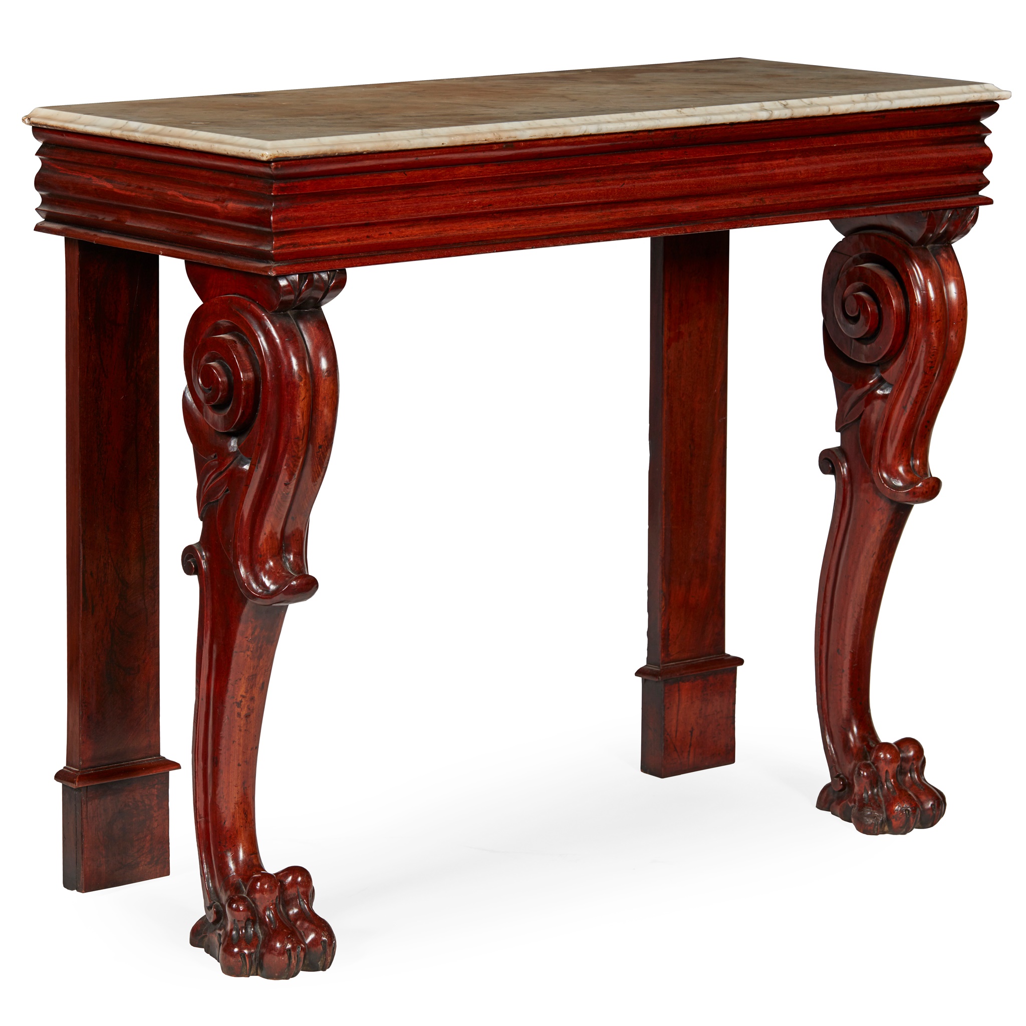 WILLIAM IV MAHOGANY MARBLE TOPPED CONSOLE TABLE