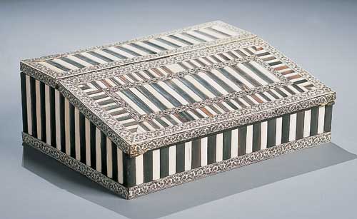 A 19th century Anglo-Indian ivory and stained ivory stick veneered sandlewood lap desk