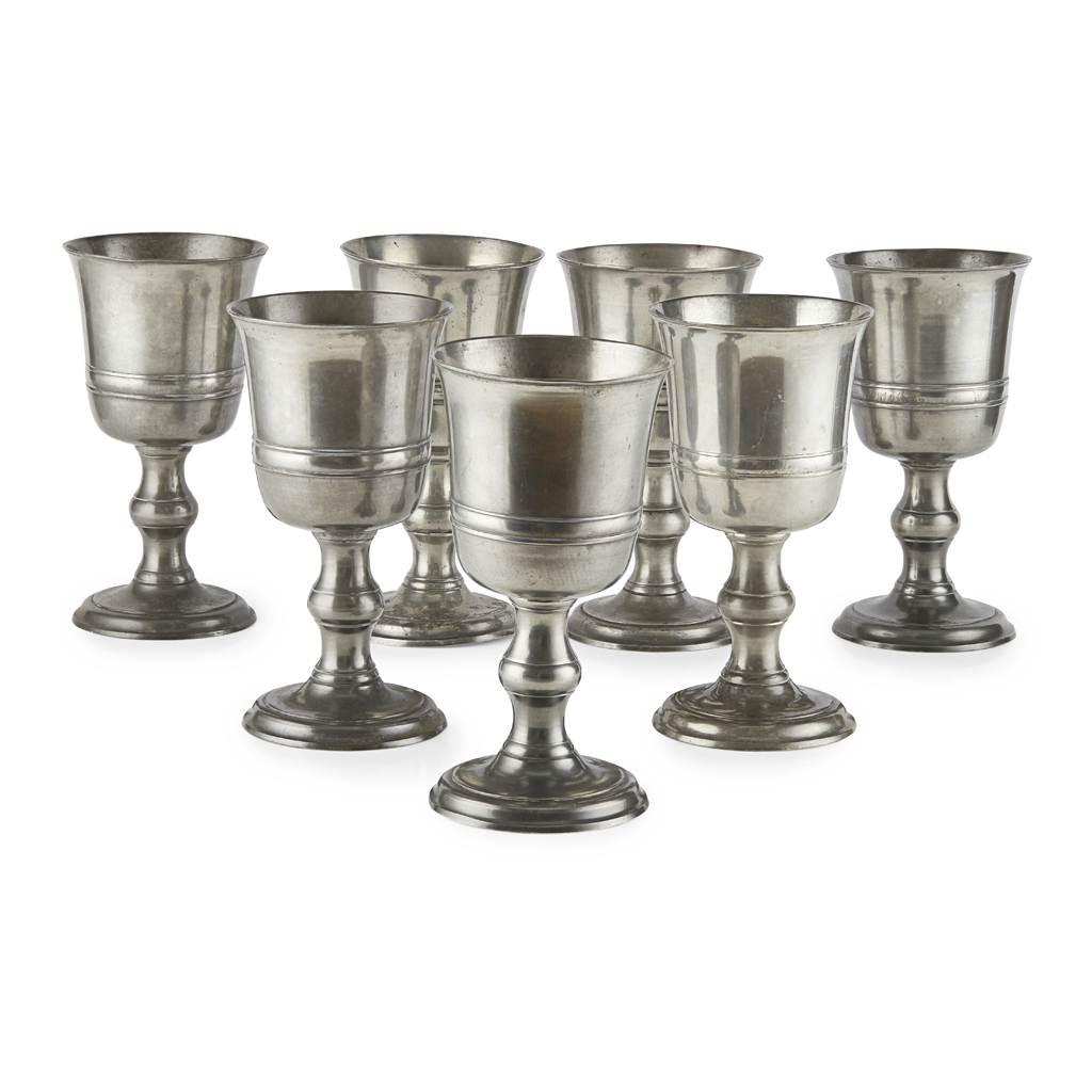 SET OF SEVEN LARGE SCOTTISH PEWTER COMMUNION CHALICES, BY WILLIAM SCOTT