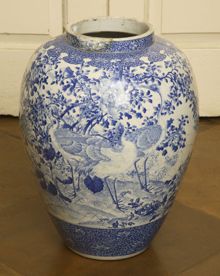 A large Japanese blue painted ceramic ovoid vase, Meiji period