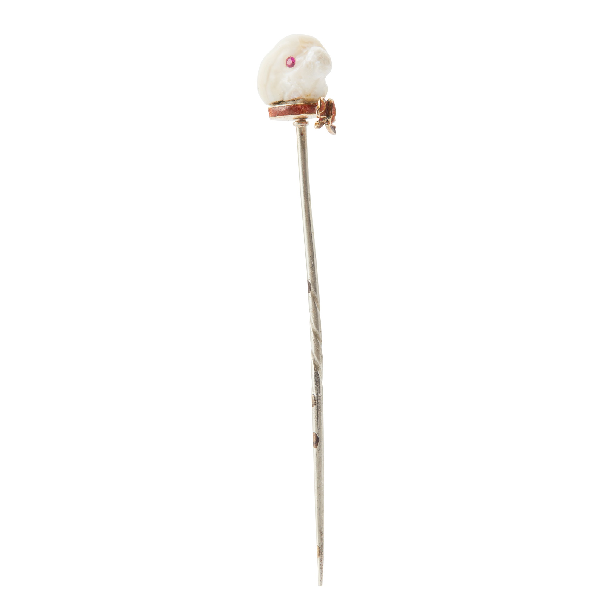 A natural pearl and ruby set 'Dog' stick pin