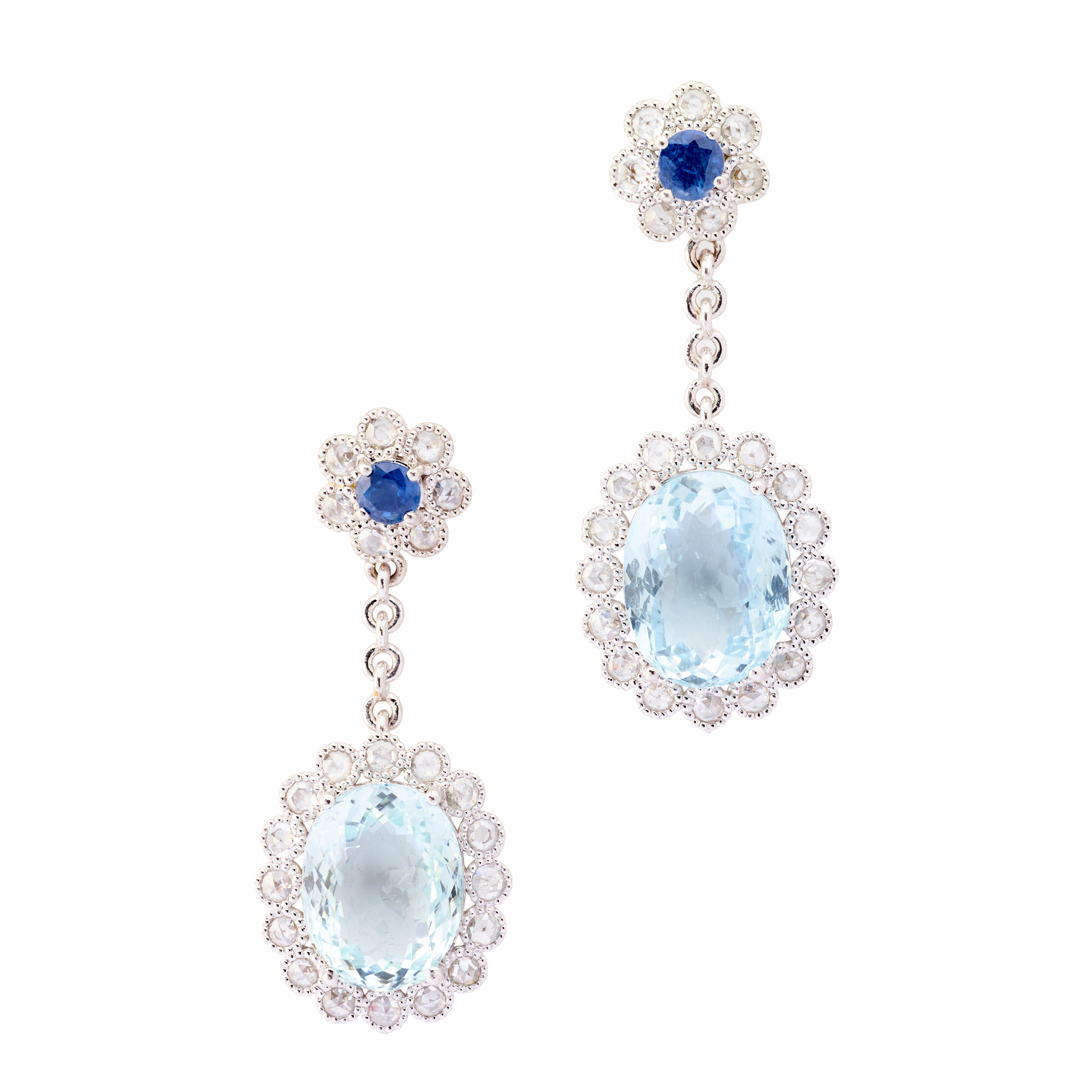 A pair of aquamarine and diamond pendent earrings