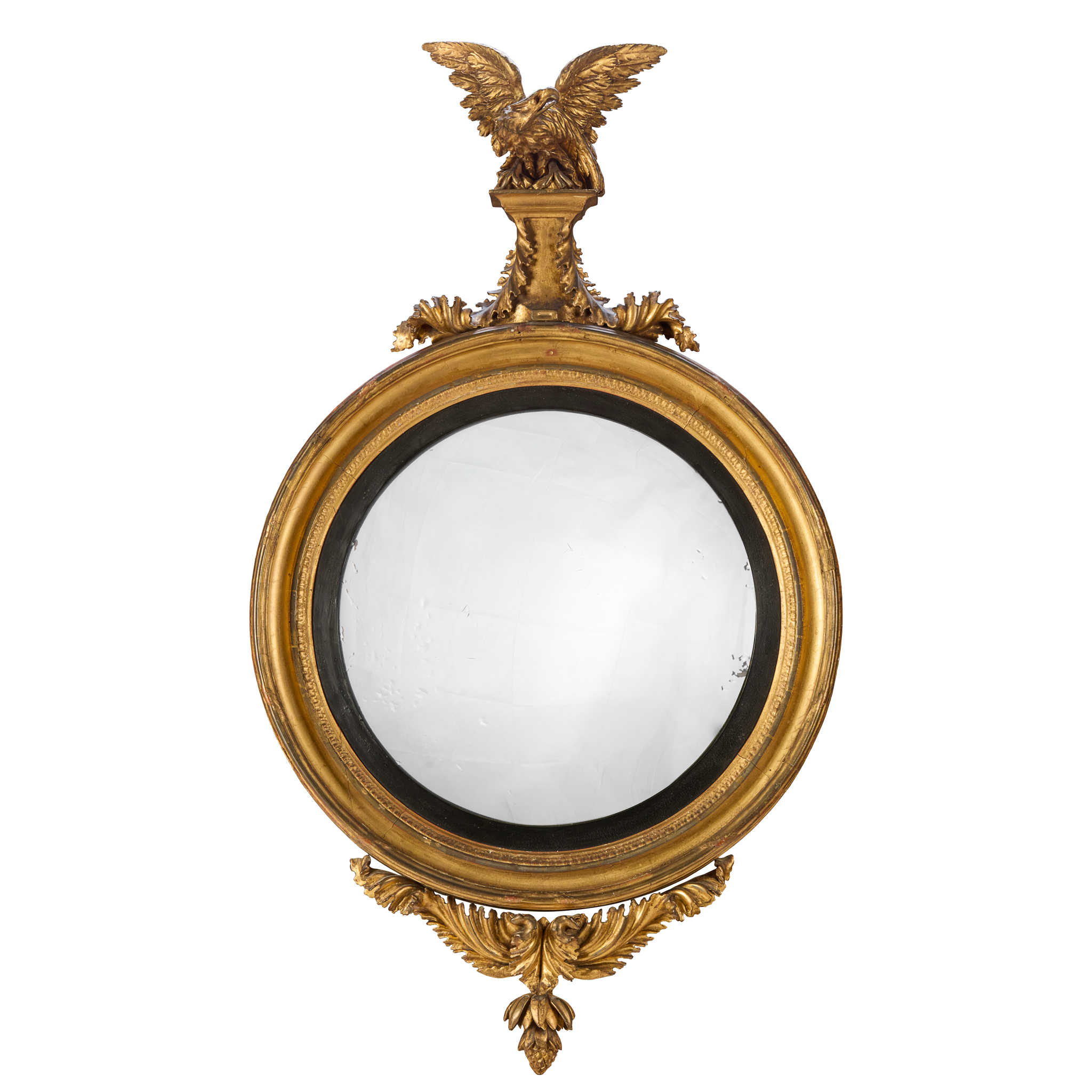 REGENCY LARGE GILTWOOD AND EBONISED CONVEX MIRROR