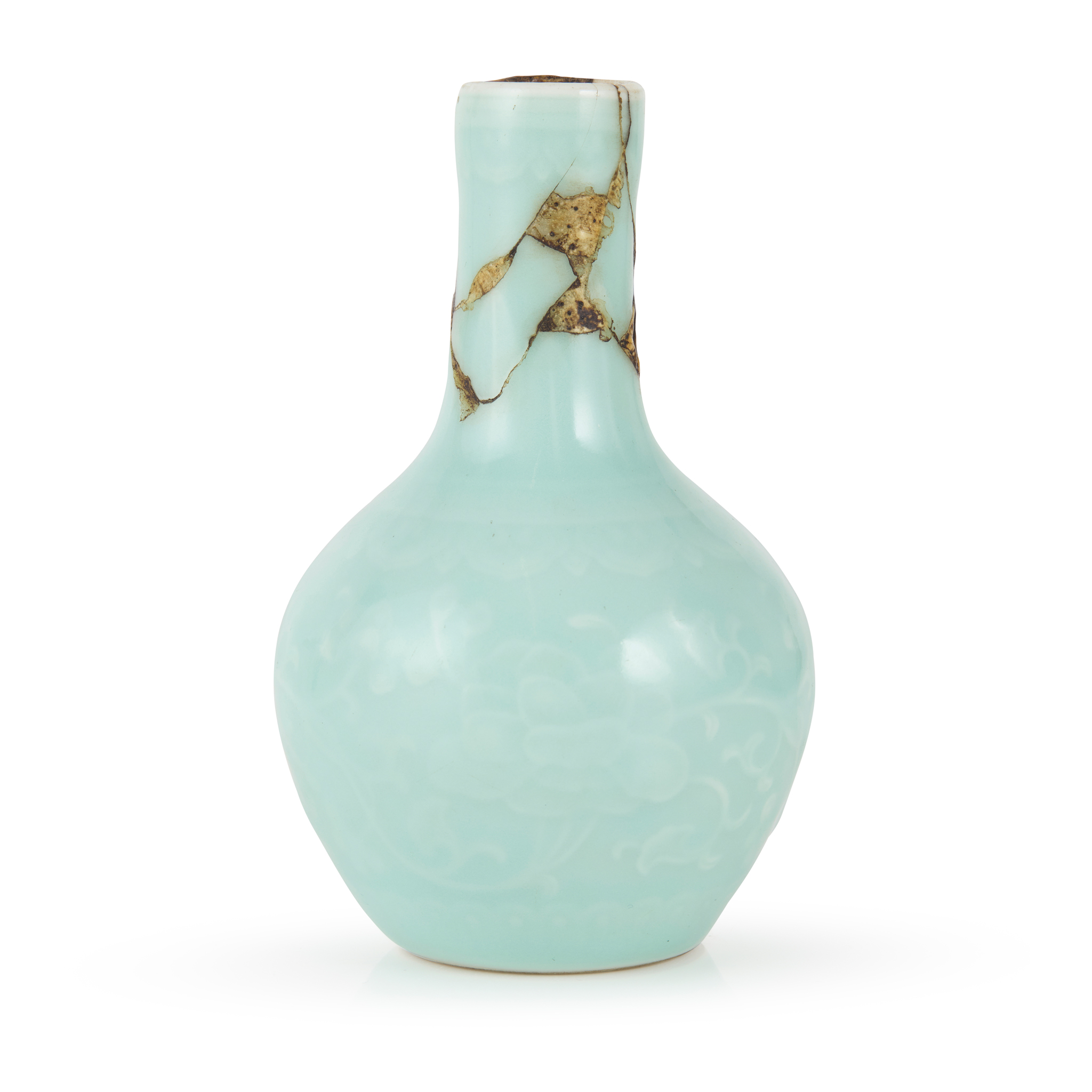 SMALL CHINESE RELIEF-DECORATED CELADON-GLAZED BOTTLE VASE