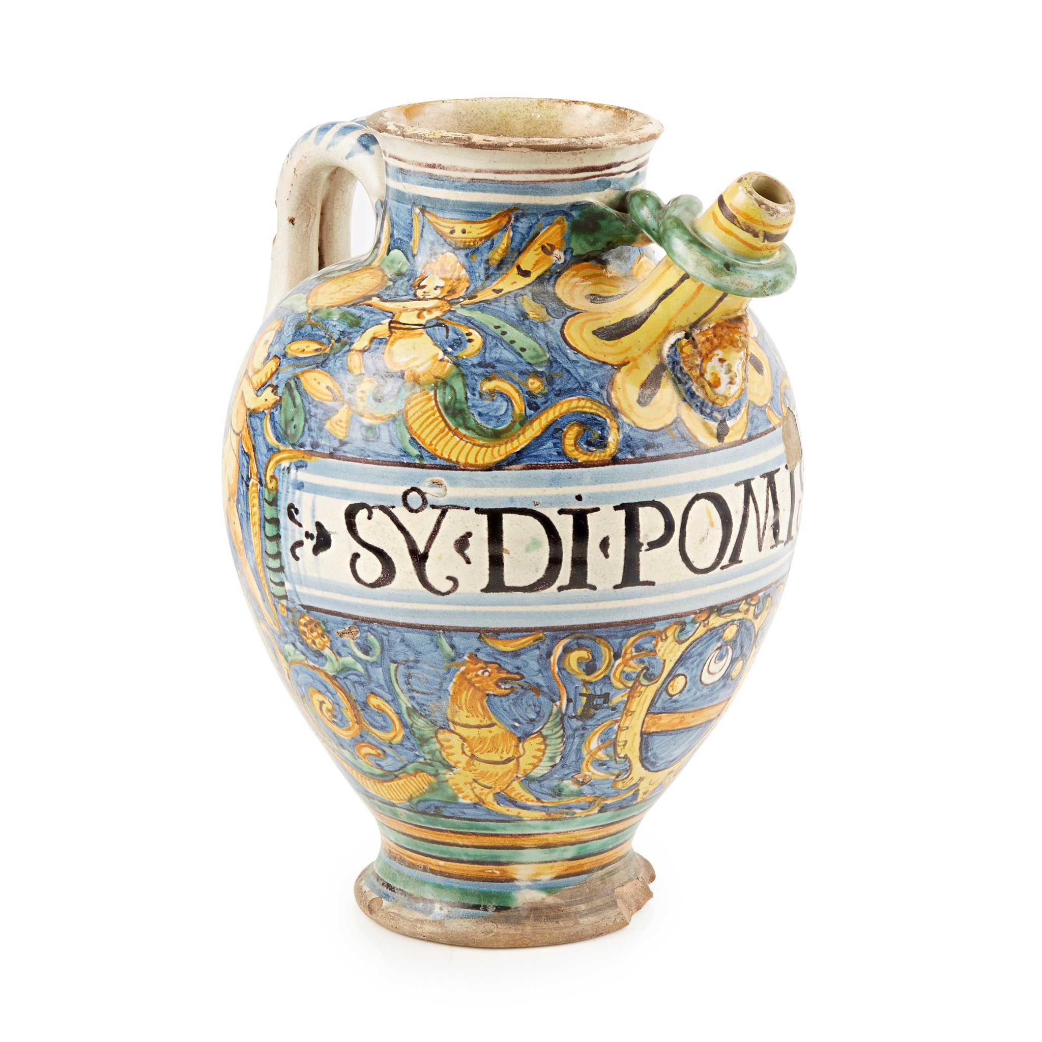 ITALIAN MAIOLICA HANDLED SPOUTED DRUG JAR