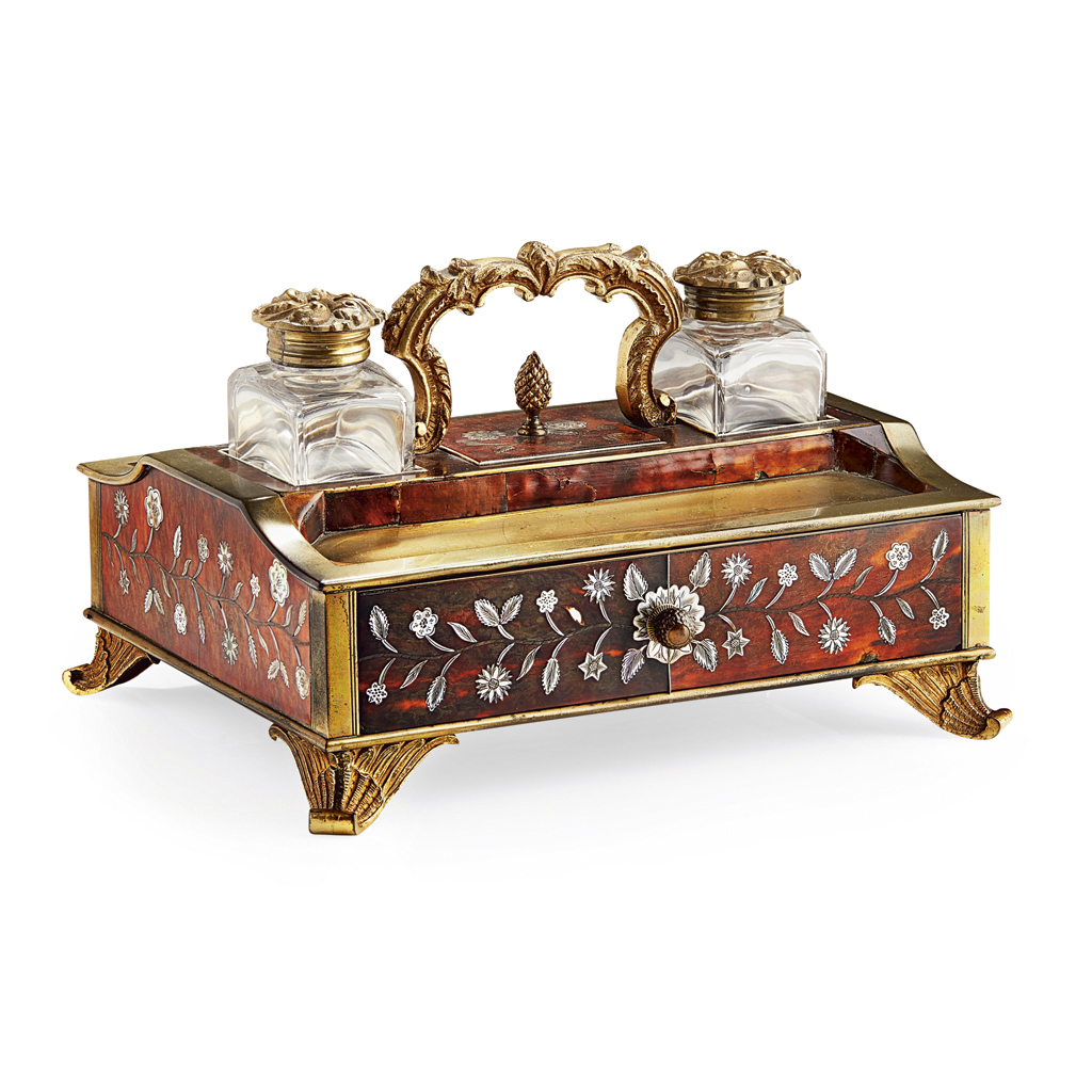 REGENCY TORTOISESHELL AND BRASS INLAID DESK STAND