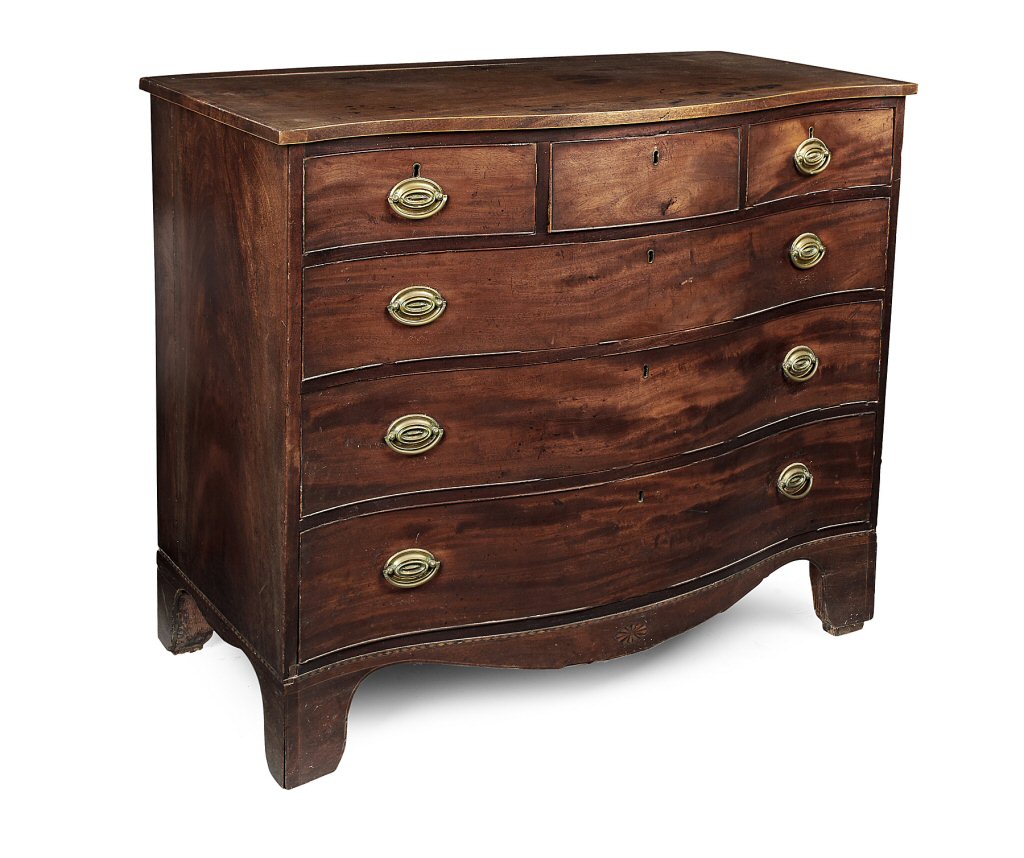 GEORGE III MAHOGANY INLAID SERPENTINE CHEST OF DRAWERS