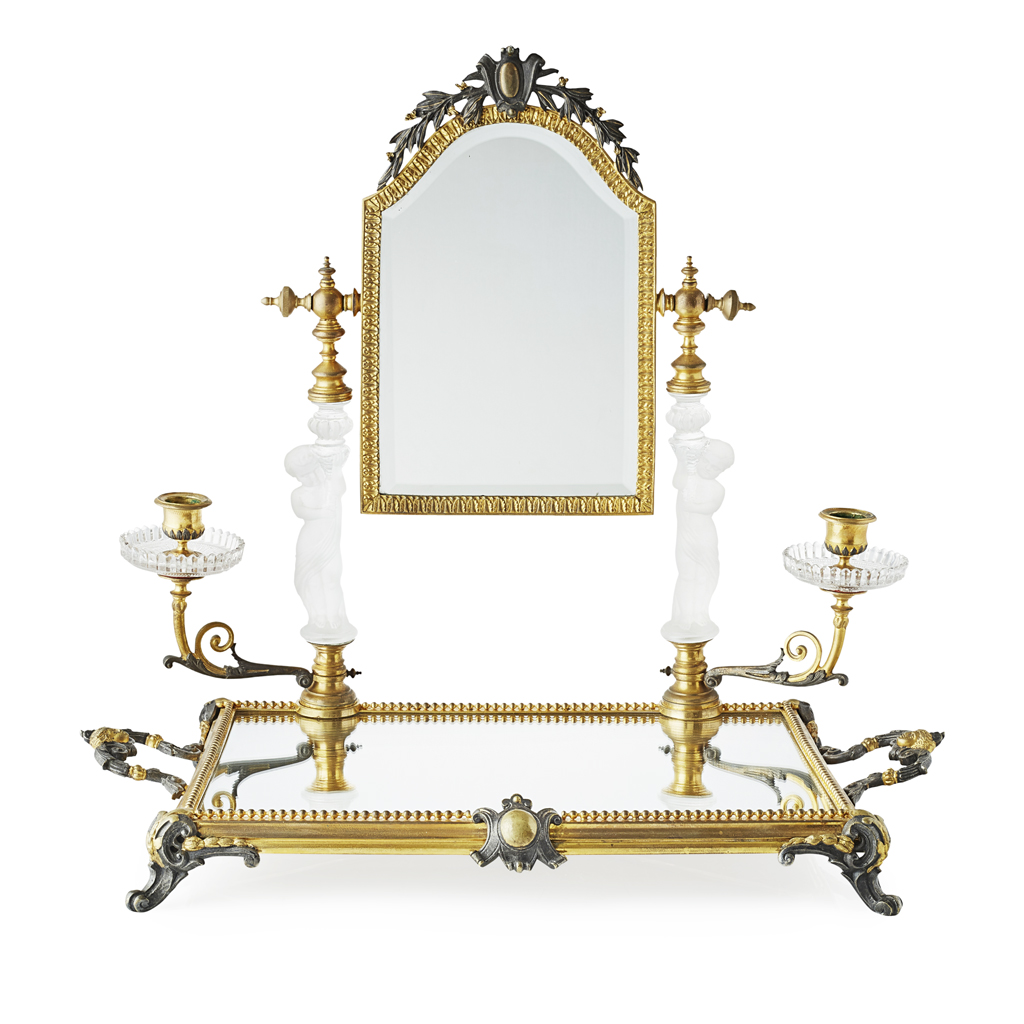 BACCARAT GLASS, GILT AND PATINATED BRONZE MOUNTED DRESSING TABLE MIRROR