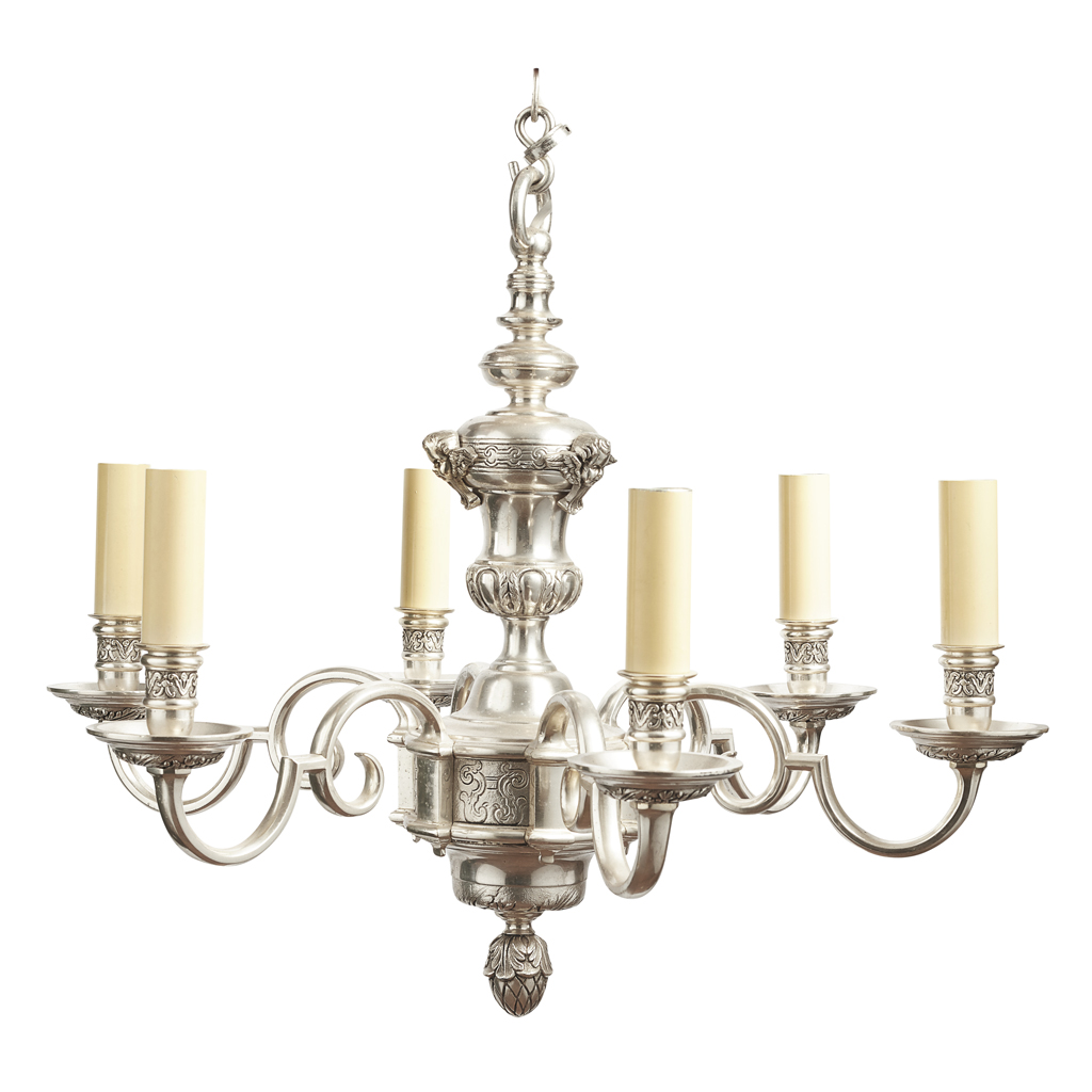 DUTCH BAROQUE STYLE SIX LIGHT SILVERED METAL CHANDELIER
