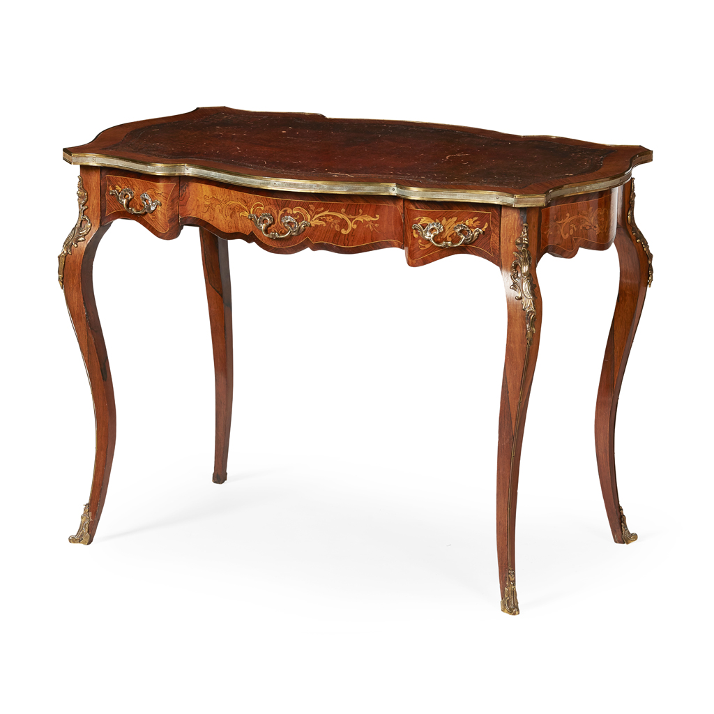 LOUIS XV STYLE KINGWOOD, AMARANTH AND MARQUETRY BUREAU PLAT