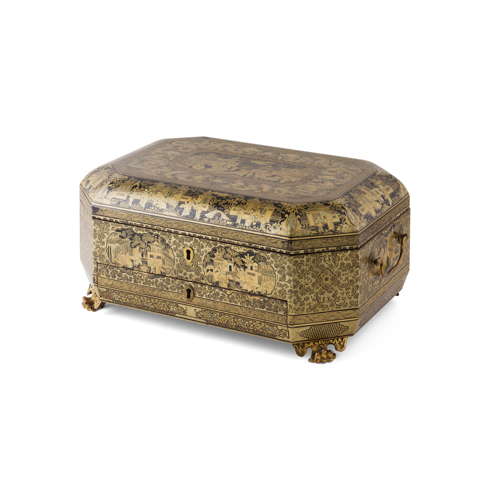 CANTON EXPORT LACQUER SEWING BOX AND CONTENTS