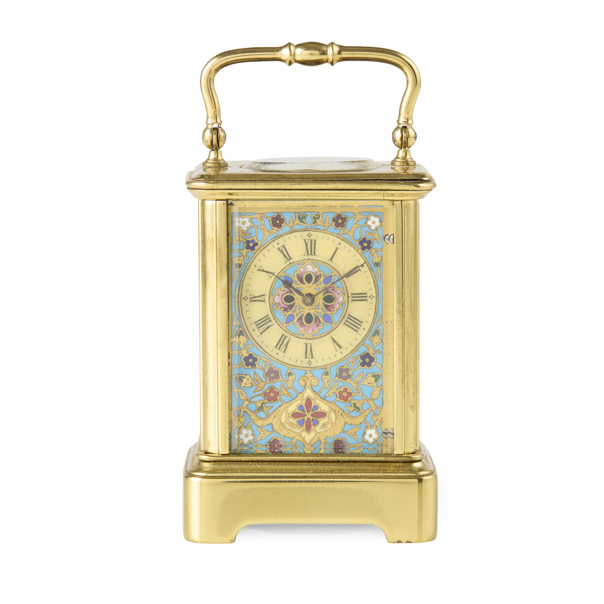 FRENCH CHAMPLEVÉ ENAMEL AND LACQUERED BRASS MINIATURE CARRIAGE CLOCK, BY FRANCOIS ARSENE MARGAINE