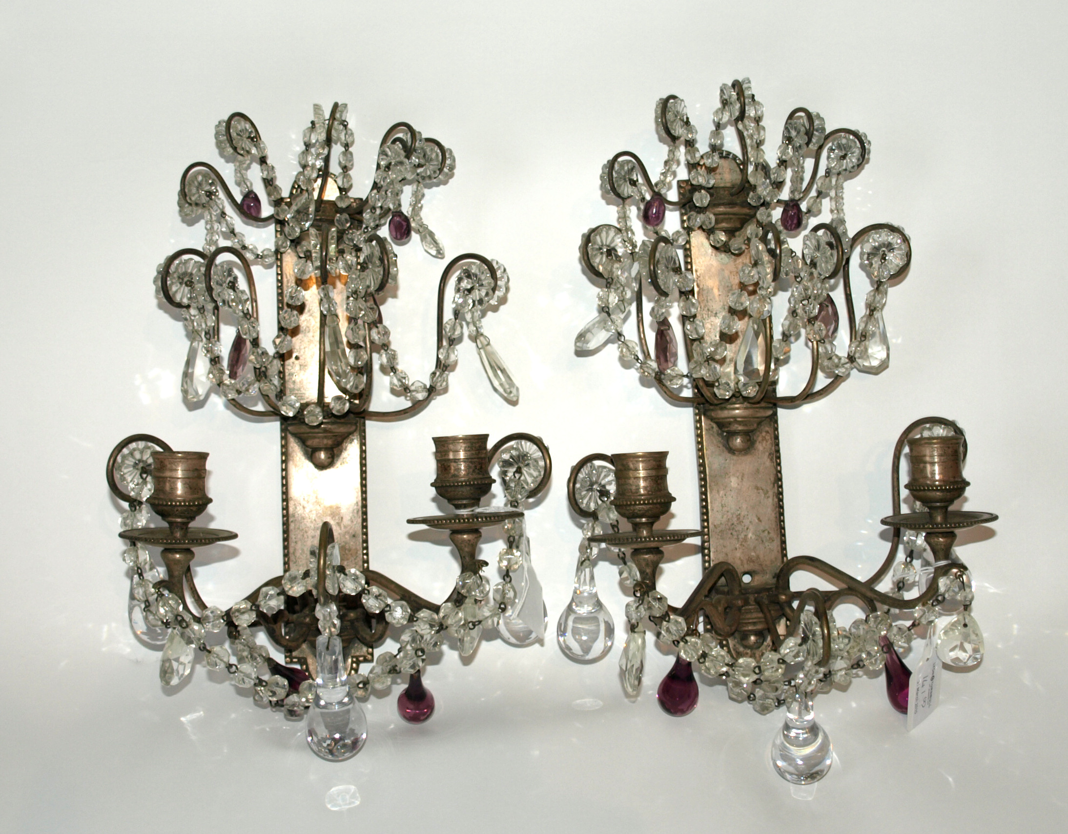 PAIR OF SILVERED BRONZE AND CUT GLASS WALL LIGHTS