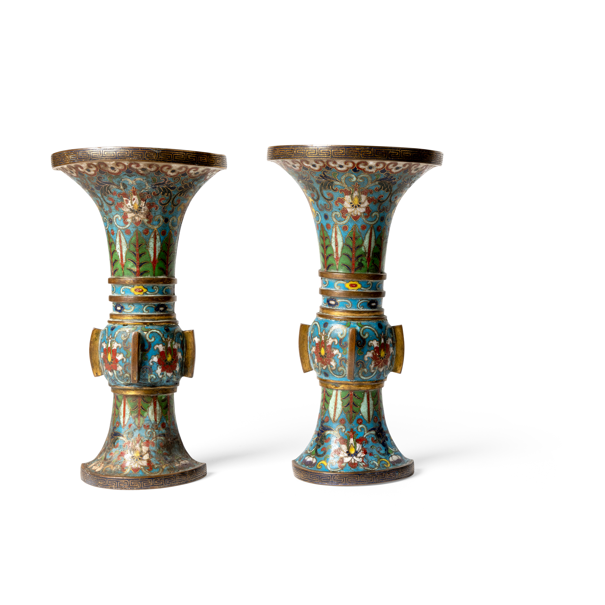PAIR OF CHINESE CLOISONNÉ ENAMEL 'GU' WALL VASES